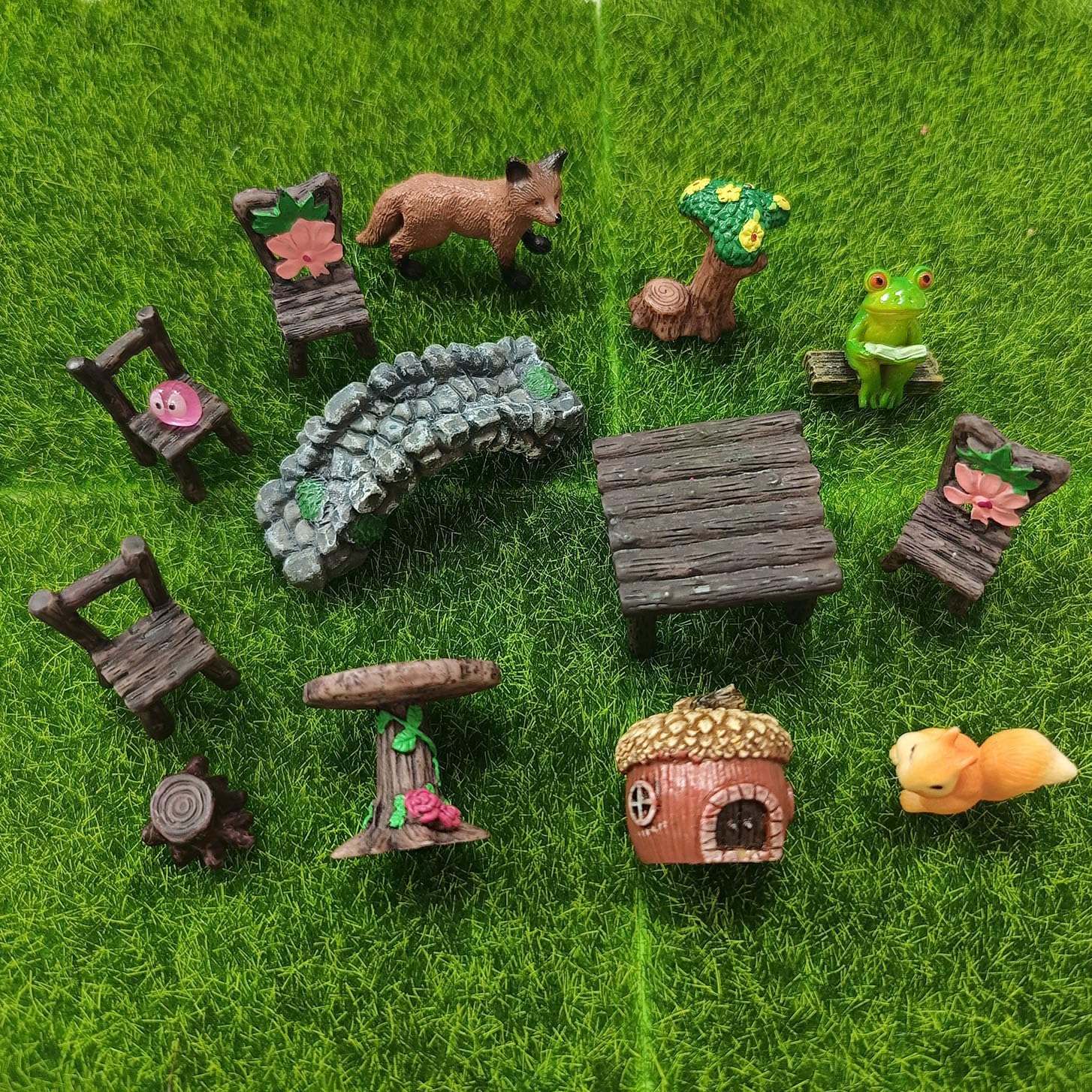 44 Pcs Fairy Garden Accessories, Miniature Table and Chairs Set, Miniature Figurines Mini Resin Animals House Bridge for Micro Landscape Potted Plant Terrarium Decor DIY Craft Gift