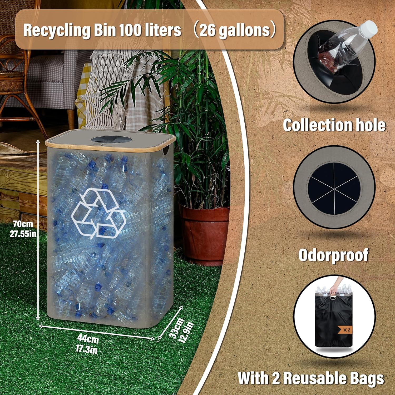 efluky Recycling Bin for Kitchen 26 Gallon, 100L Recycle Bin with 2 Removeable and Reusable Inner Bag, Large Recycling bin with lid for Bottle Can Plastice Stickers (Grey)