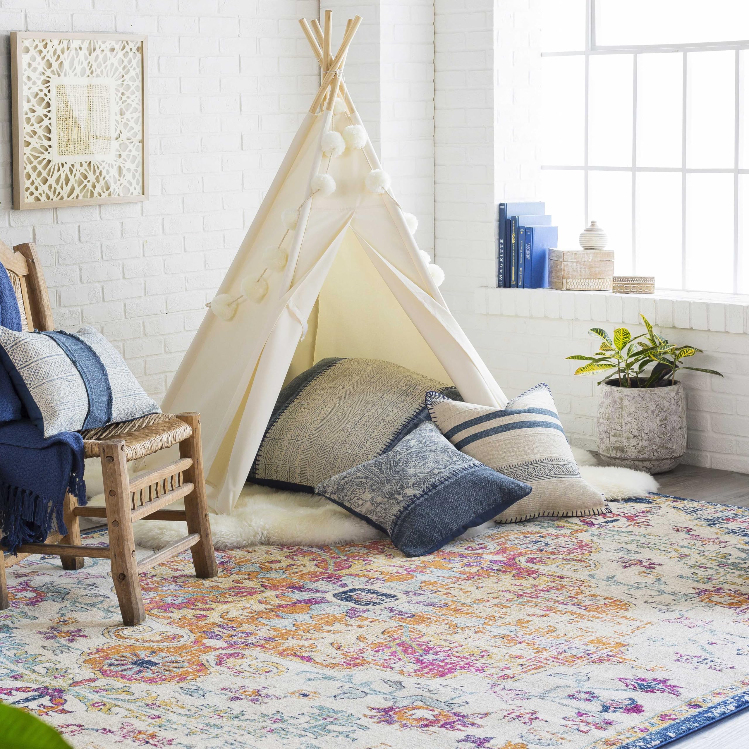 Livabliss Asmara Vintage Teppich groß - Teppich Wohnzimmer 160x220 cm, Esszimmer, Schlafzimmer, Orientalischer Teppiche Boho Style - Carpet Living Room, Bunter Muster, Blau und Orange