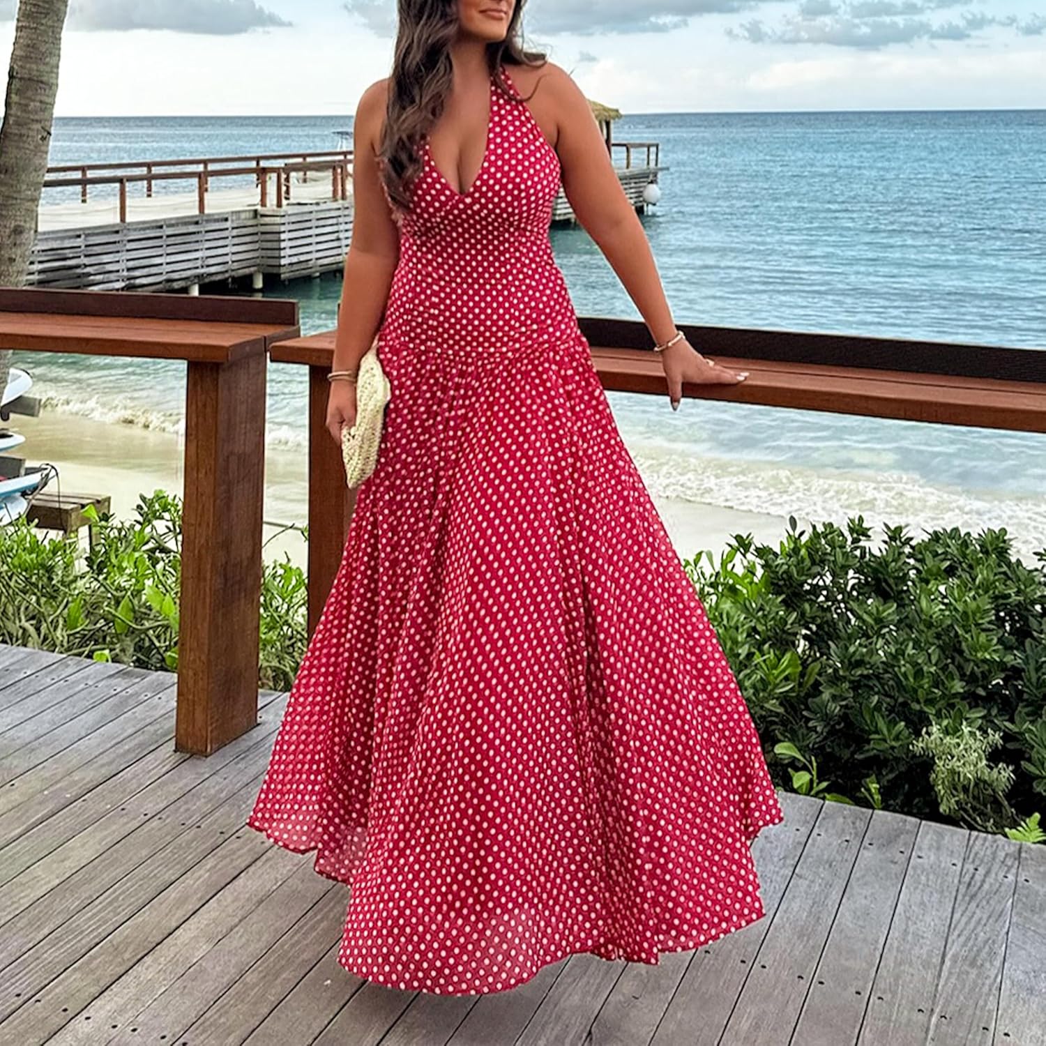 Women’s Elegant Frankie Polka Dot Maxi Dress Summer Vintage Halter Neck Flowy Wedding Guest Brunch Beach Dress - Image 6