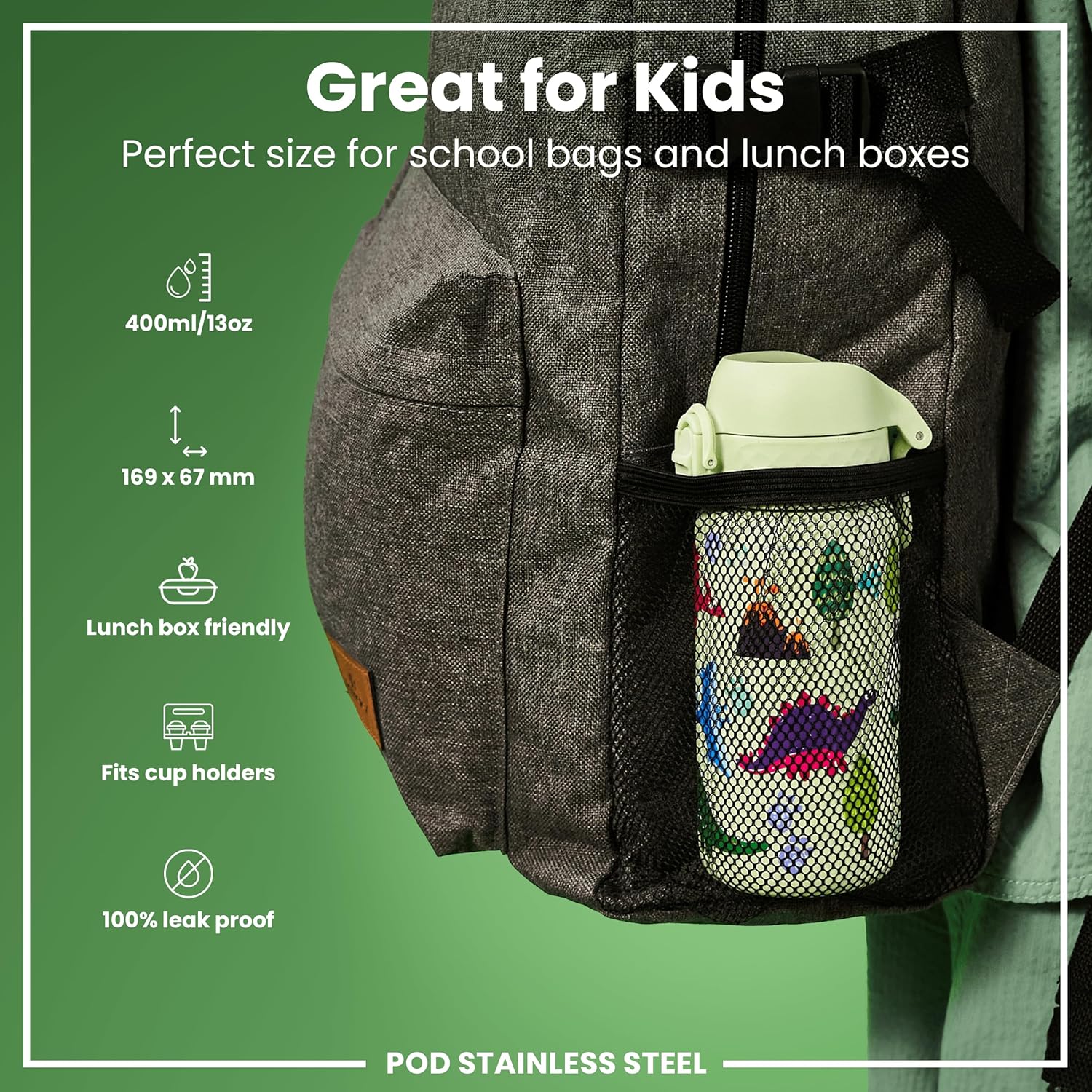 ION8 Kids Water Bottle, Steel 400 ml/13 oz, Leak Proof, Easy to Open, Secure Lock, Dishwasher Safe, Flip Cover, Carry Handle, Easy Clean, Durable, Scratch Resistant, Raised Print, Dinosaurs Design - Image 2