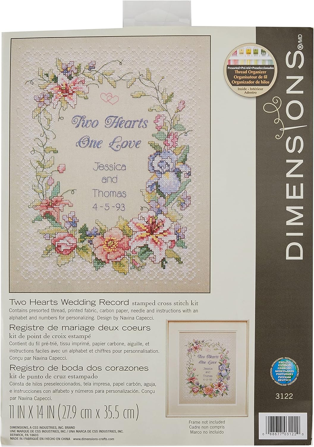 Dimensions Two Hearts One Love Wedding Record Stamped Cross Stitch Kit, 11'' W x 14'' H