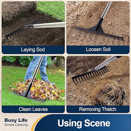 Miniatura 7 de Yocada Rastrillo de paja de acero de 15.7 pulgadas, rastrillo de paja para césped resistente, herramienta de aseo para jardín, patio, aflojamiento