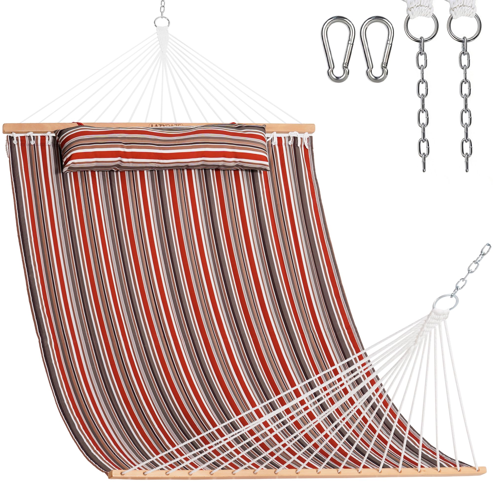 Lazy Daze Hammocks 12FT Quilted Fabric Double Hammock with Hardwood Spreader Bar, Detachable Pillow and Carabiners for Outside, 2 Person Hammock for Outdoor, 450LBS Capacity, Red Brown