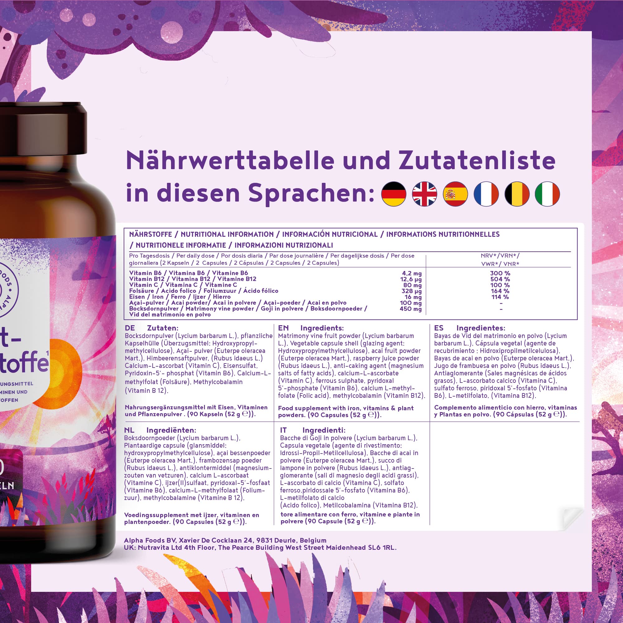 Blutnährstoffe - Gesundes Blut, Mit Eisen, Vitamin B6 und B12, Folate, Vitamin C, Himbeeren, Goji und Açai - 90 Kapseln
