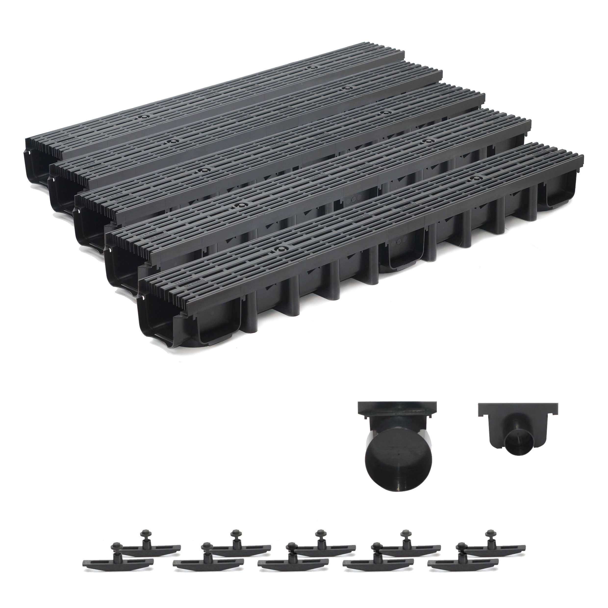 5m Entwässerungsrinne für modulares System A15 98mm, komplett Stegrost Kunststoff, Schwarz Line