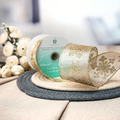 Miniatura 4 de CT CRAFT LLC Tela metálica dorada champagne con cinta de copo de nieve dorado con alambre de 2.5 pulgadas x 10 yardas para decoración del hogar de
