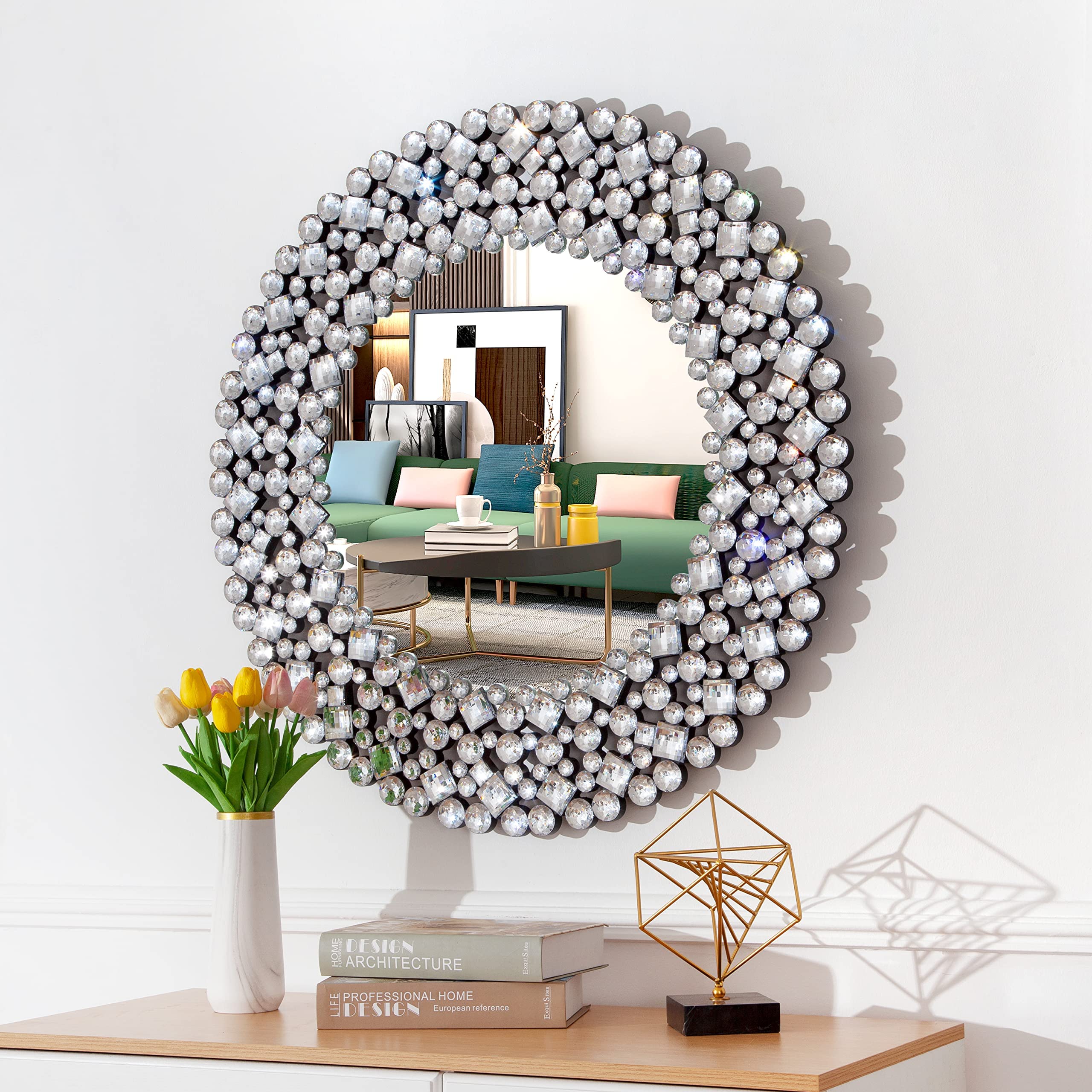 SHYFOY Specchio Rotondo da Parete, Grande Specchio da Parete Moderno con Bordo di Gioielli in Cristallo | Oggetto Decorativo Per Pareti | Ideale Come Oggetto Decorativo in Soggiorno| 86x86 cm