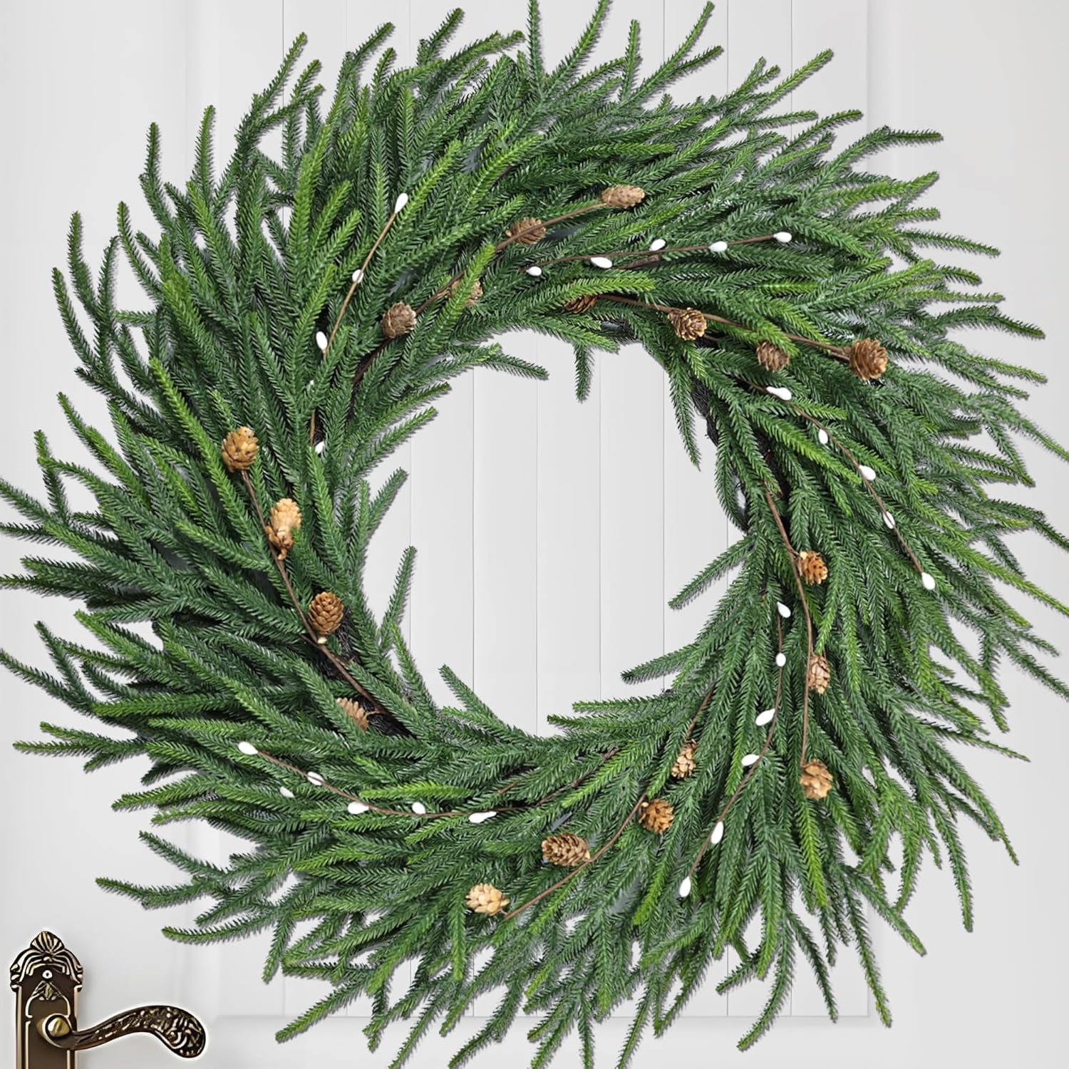 26 Inch Christmas Wreaths for Front Door Christmas Cypress Wreath,Real Touch Pine Wreath with White Berries Artificial Green with Pine Cones for Wall Window Porch