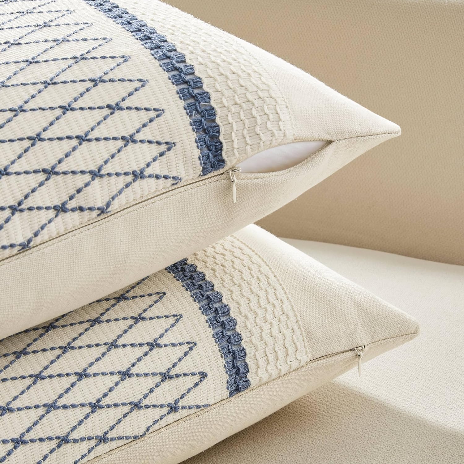 ZeeMart 2 Packs Cotton Boho Throw Pillow Covers 16x16 Inch Grid Blue, Soft Farmhouse Decorative Couch Pillow Cases Blue Cushion Covers for Sofa Bed Living Room Home Decor - Image 3