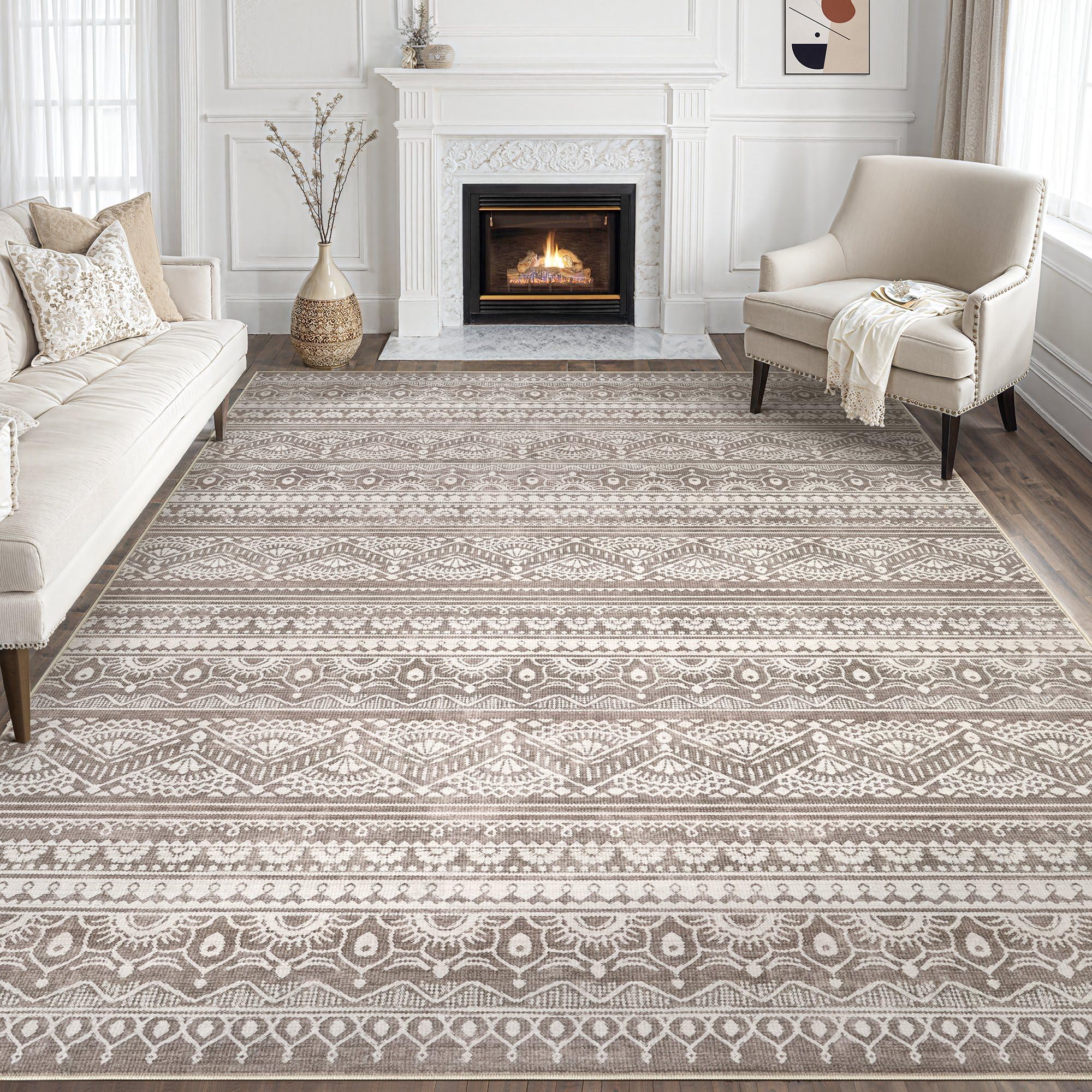 Tortania Area Rug Living Room Rugs - 10x12 Washable Large Soft Neutral Boho Moroccan Bohemian Farmhouse Rug Indoor Floor Carpet for Bedroom Under