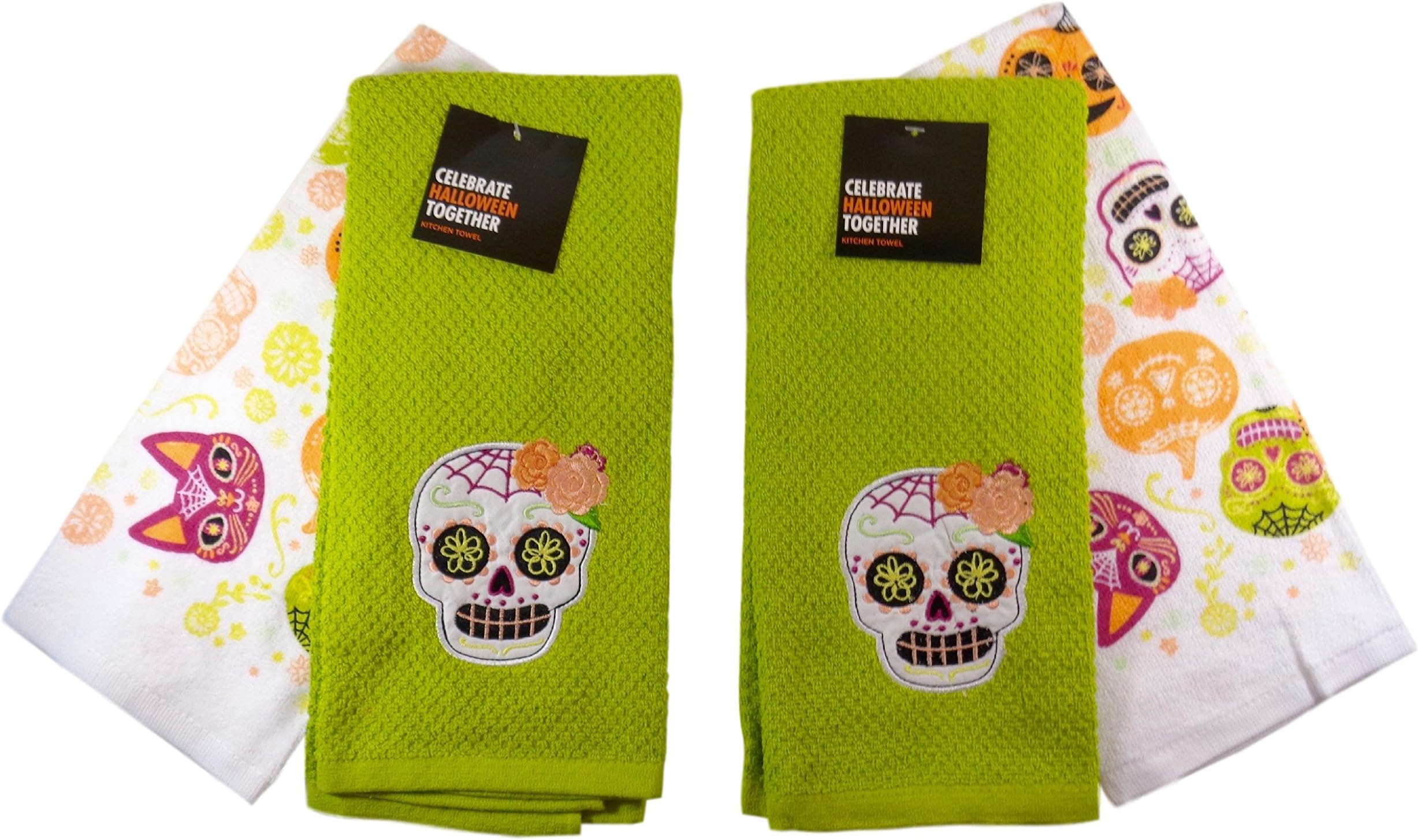 Halloween Day of the Dead Sugar Skulls Kitchen Towels, Two Sets of (2).