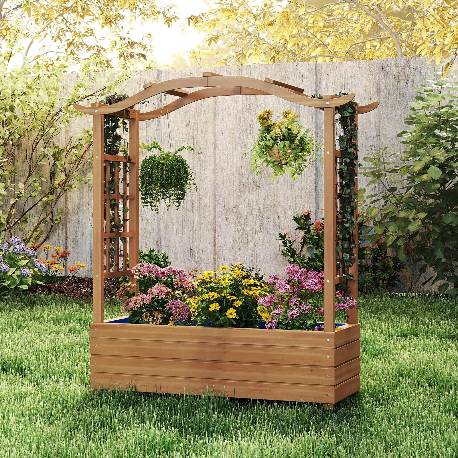 COSTWAY Jardinera Elevada con Enrejado, Jardinera de Madera Maciza con Techo Colgante, 2 Enrejados Laterales, Contenedor Elevado para Plantas de Jardín, para Plantas Trepadoras, 110 x 40 x 124 cm