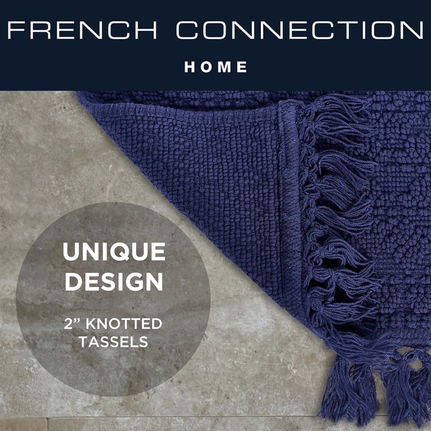 French Connection - Nellore Bath Mat, Woven and Beaded Bathroom Rug, 100% Cotton, Premium Bathroom Decor, Machine Washable, Measures 20 x 38, Navy