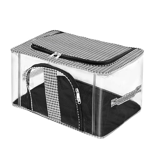 Storite Nylon 33 L PVC Transparent Moisture Proof Storage box for Clothes Closet Wardrobe Organizer for Clothes Saree Bags with Carry Handle (Checks, 44 x 31 x 24 cm)