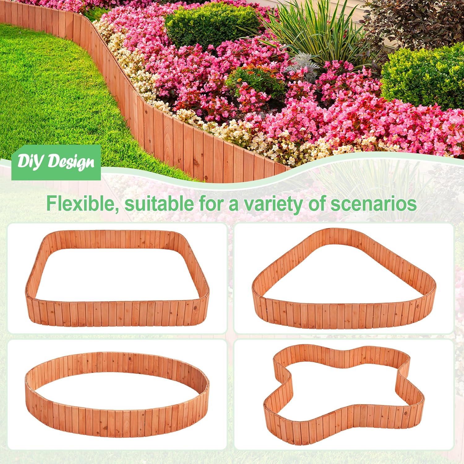 Yaheetech Wood Garden Fence,12pcs Outdoor Wooden Landscape Edging Flexible No Dig Decorative Border for Spring Yard Patio Pathway Courtyard Maintenance,Brown-356in