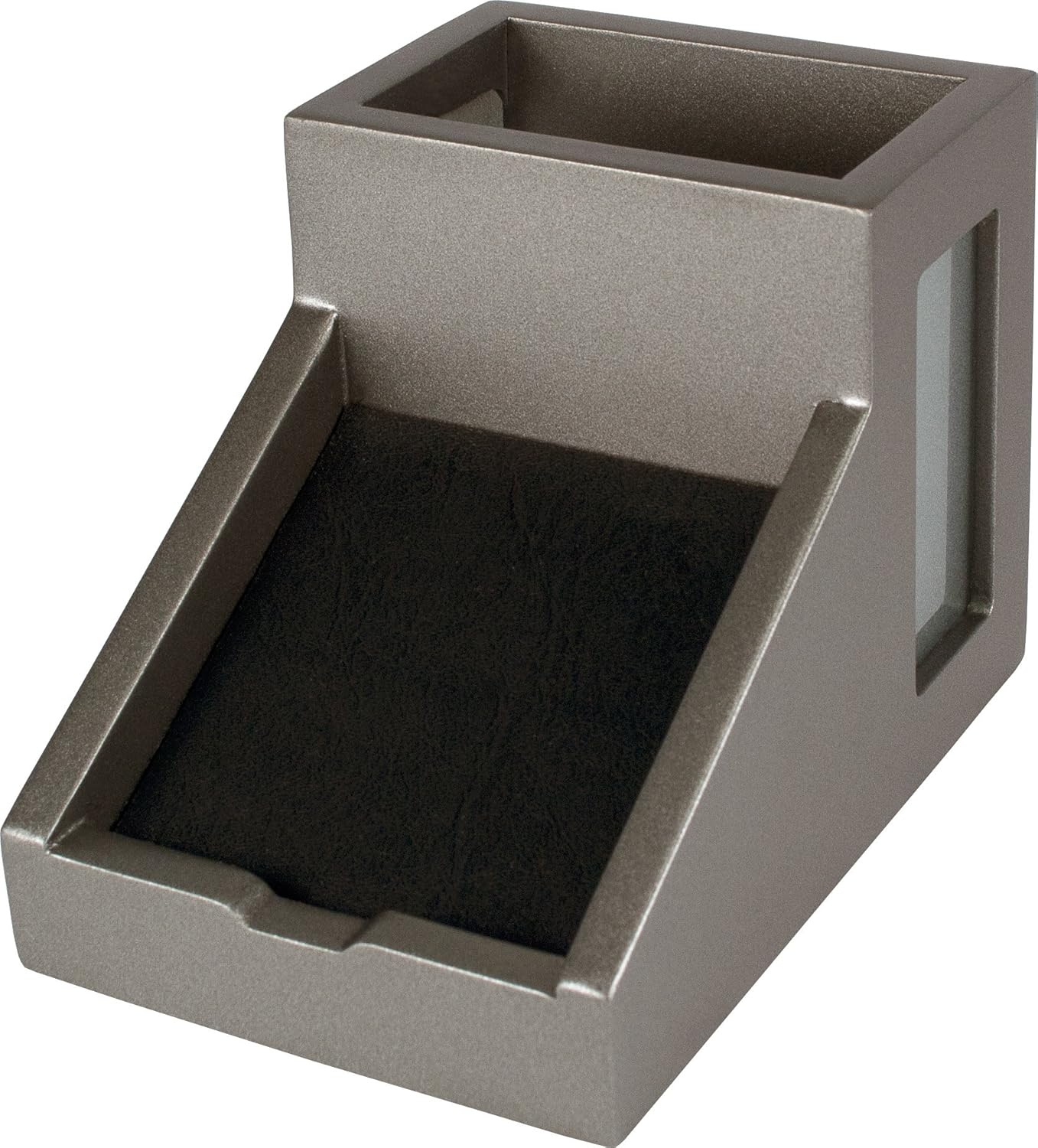 Victor S9505 Desk Pencil Cup with Angled Note Holder, Frosted Glass Window for Professional Look, Great in Any Home or Office, Matte Silver