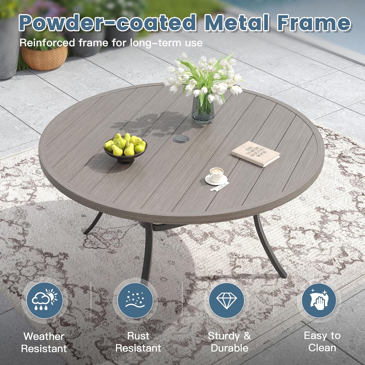 DIFY 11 Pieces Outdoor Patio Dining Set for 10, 60" Grey Wood-Like Round Metal Dining Table and 10 Grey Stackable Textilene Patio Chairs, Outdoor Table and Chairs for Backyard Garden Poolside