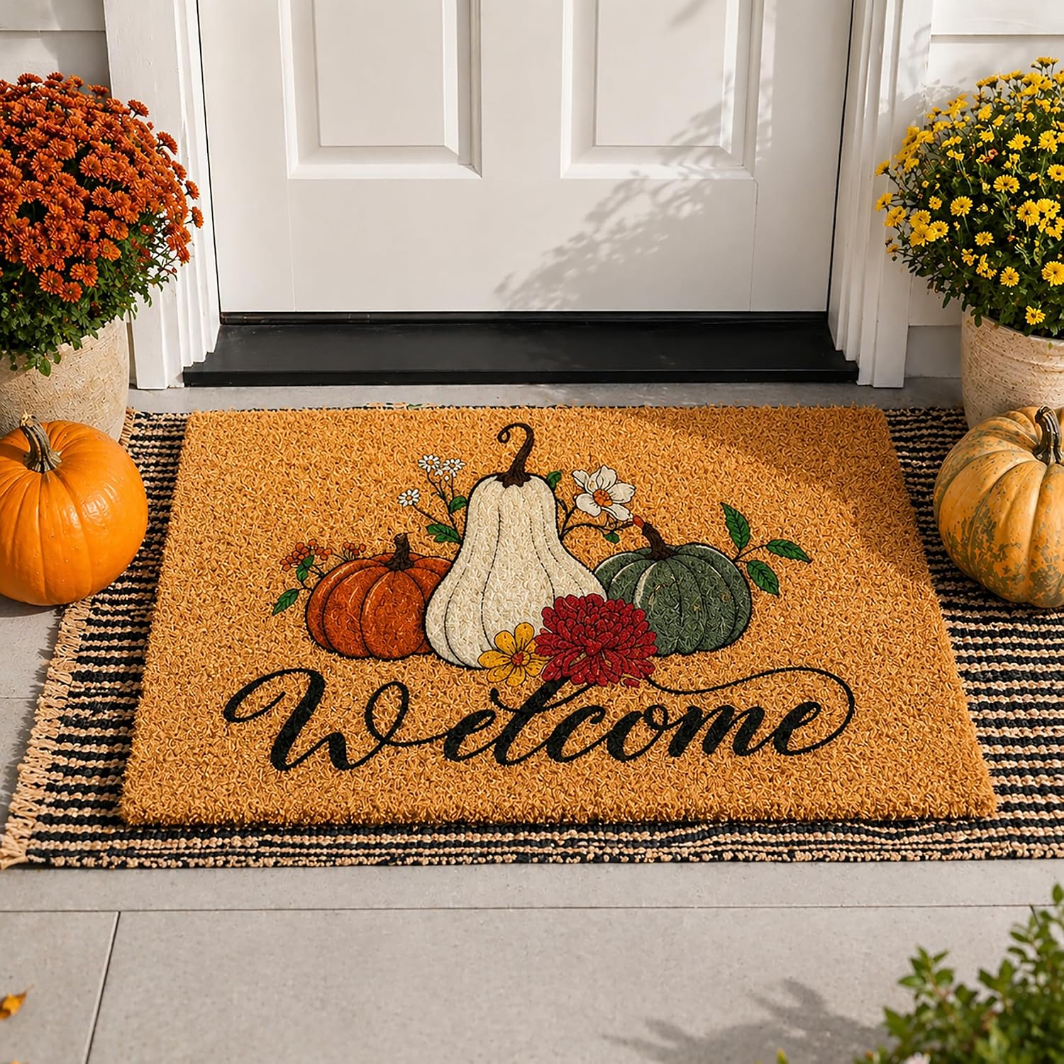 Fall Pumpkin Welcome Mat, Natural Coir Front Door Mat, 16.5 x 29 Inch