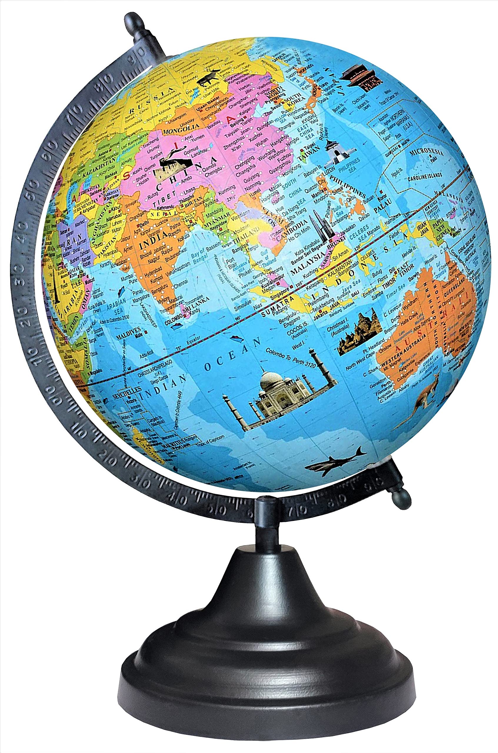 SAVY 8 Inch Metallic Black Base and Arc World Monuments Geography Globe for Kids/Students/Schools/Colleges/Offices Desk and Table Top Home Décor Educational Political Study Globe (B09ZPJ8DR1) Amazon Price History, Amazon Price Tracker