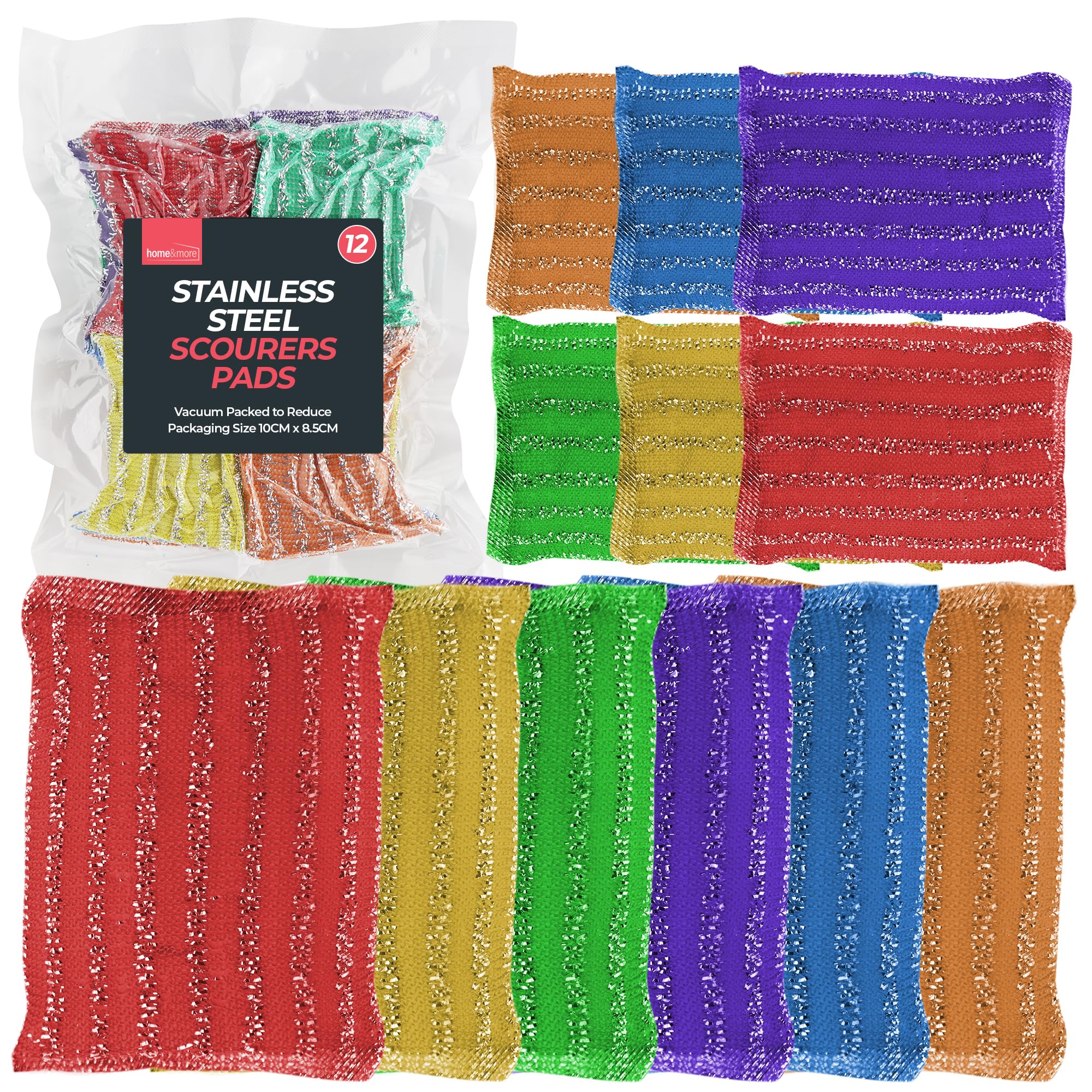 SOL 12pk Stainless Steel Scourers Pads, 8.5cm x 10cm Non-Scratch Scourers, Thin Sponges with Abrasive Outer Layer, Heavy-Duty Scouring Pads for Pans, Pots, Dishes, and Kitchen Cleaning Tasks