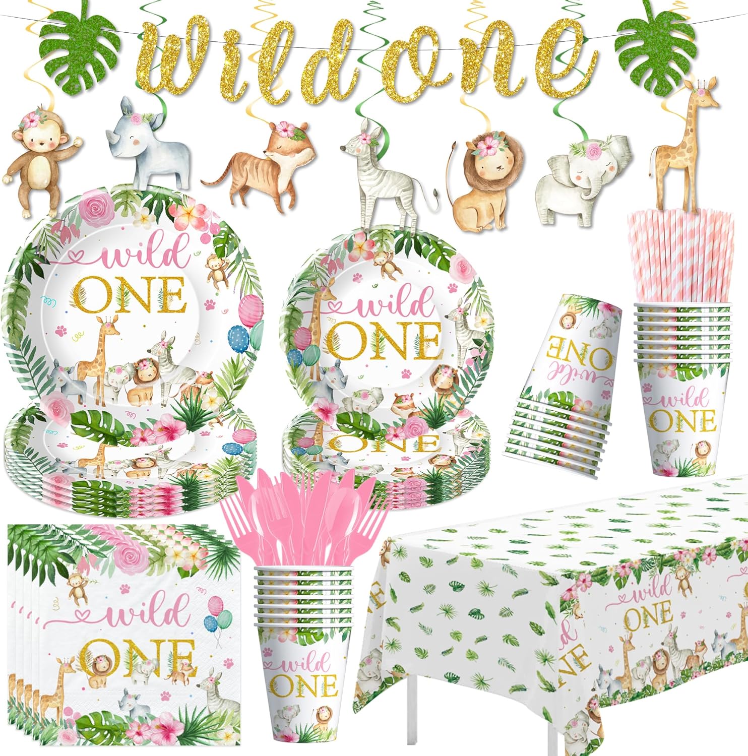 Wild One Birthday Decorations Girl, Zoo Animal Jungle Safari First Birthday Party Supplies, Paper Plate, Napkin, Cup, Disposable Cutlery, Tablecloth, Banner, Swirls, Serves 24