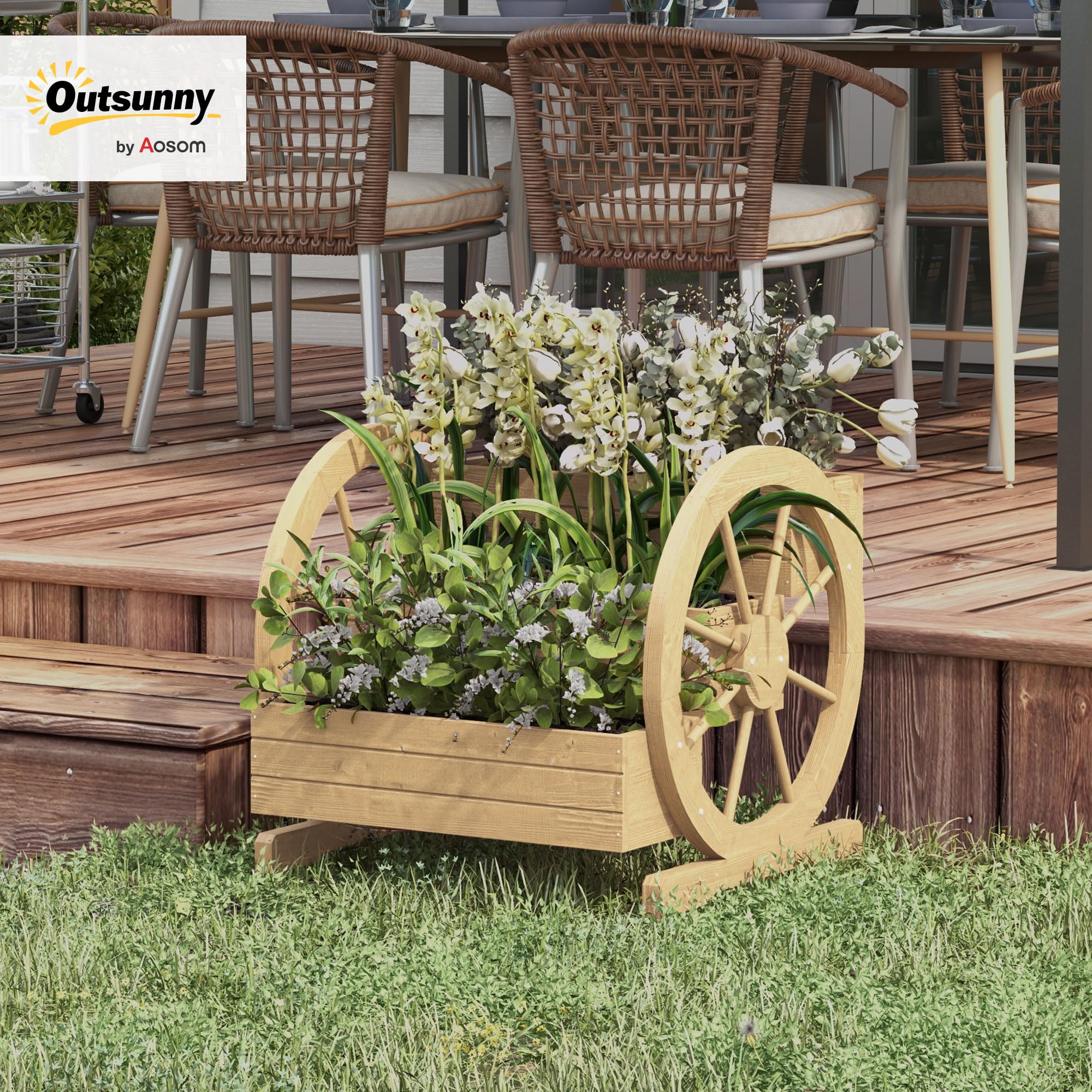 Outsunny Jardinera de Madera Macetero Exterior de 3 Niveles Diseño de Escalera y Forma de Ruedas Orificios de Drenaje Huerto Urbano para Cultivos Plantas Flores en Terraza Jardín 61x62x57 cm Natural