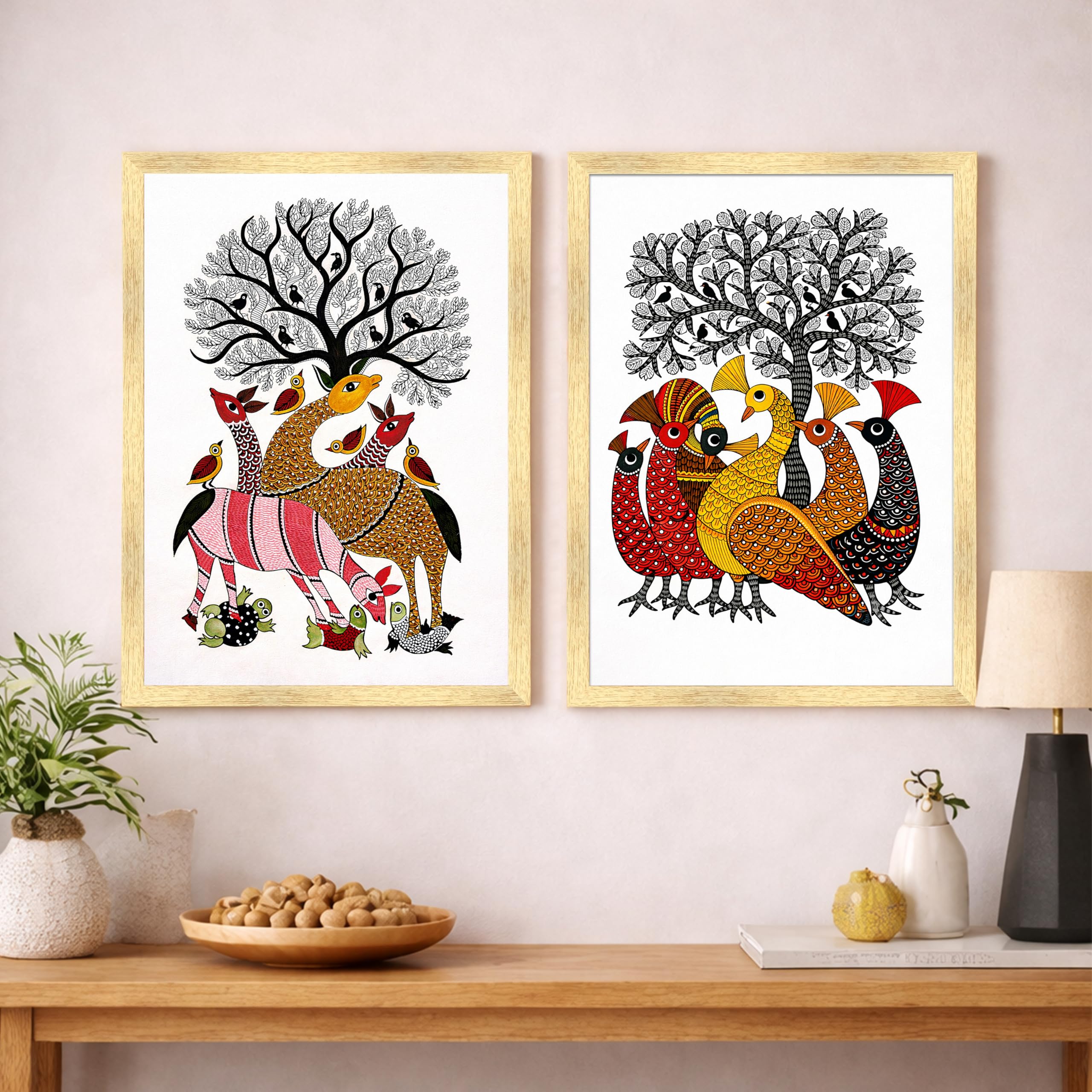 Gond Art Tree of Life Framed Canvas Wall Art Painting for Living Room, Indian Tribal Folk Art Paintings with Colorful Deer and Birds for Living Room & Office (Set of 2, 12x16 Inch)-image-0