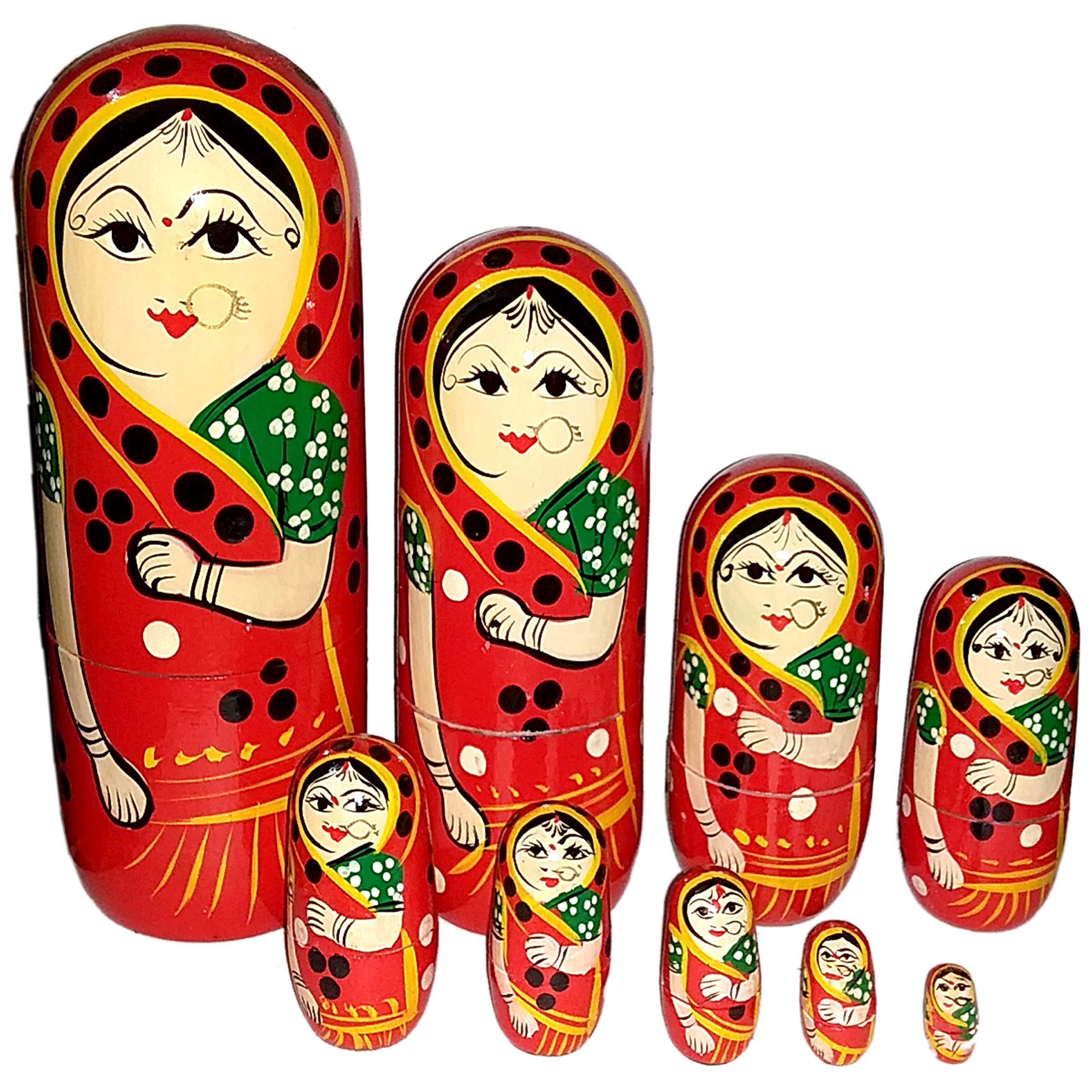 India Kids Handmade Hand Painted Cute Wooden Indian Women Nesting Dolls - Set of 9