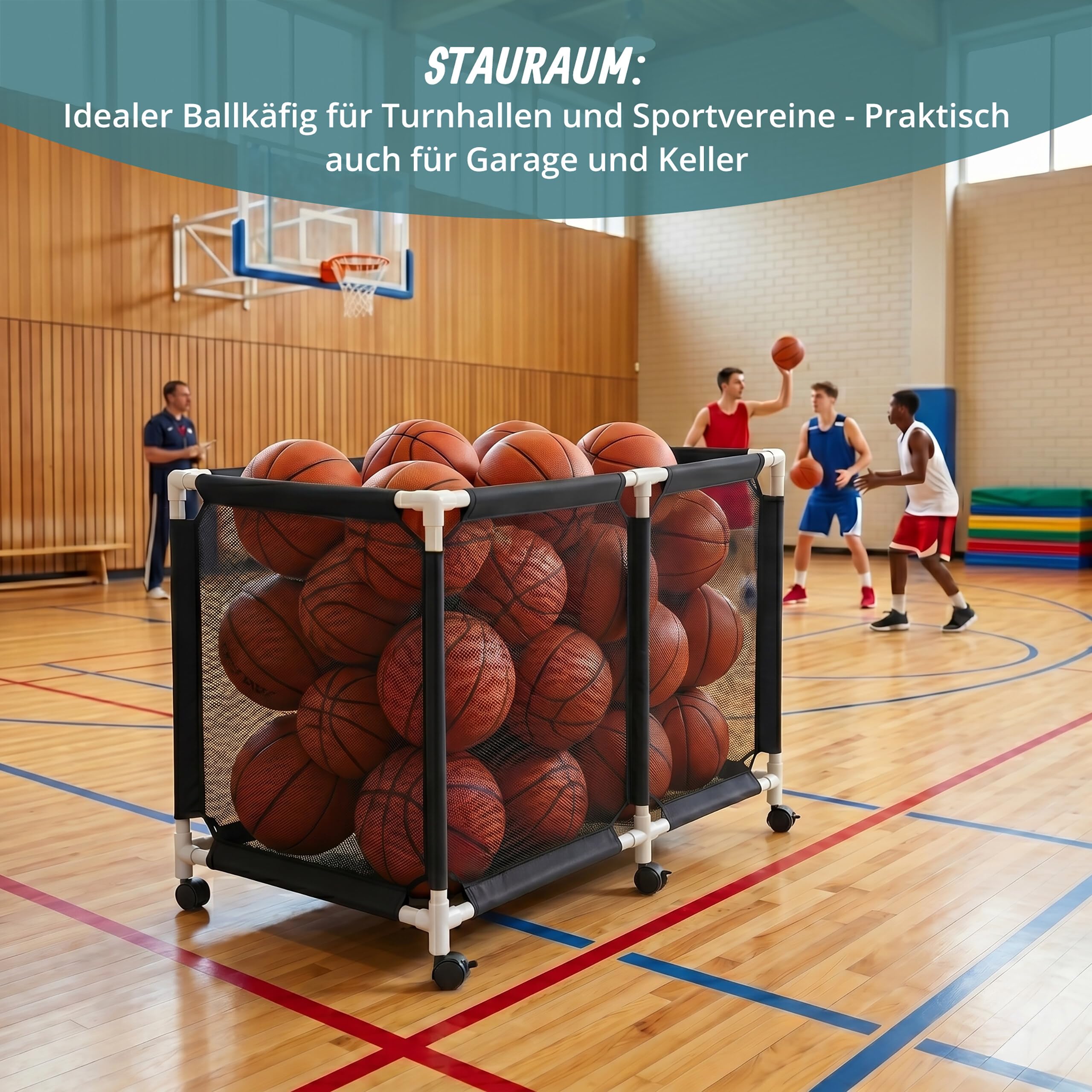 Relaxdays Ballwagen, 4 Rollen mit Bremse, Ballkäfig für Fußball, Basketball, Volleyball, Größenauswahl, schwarz