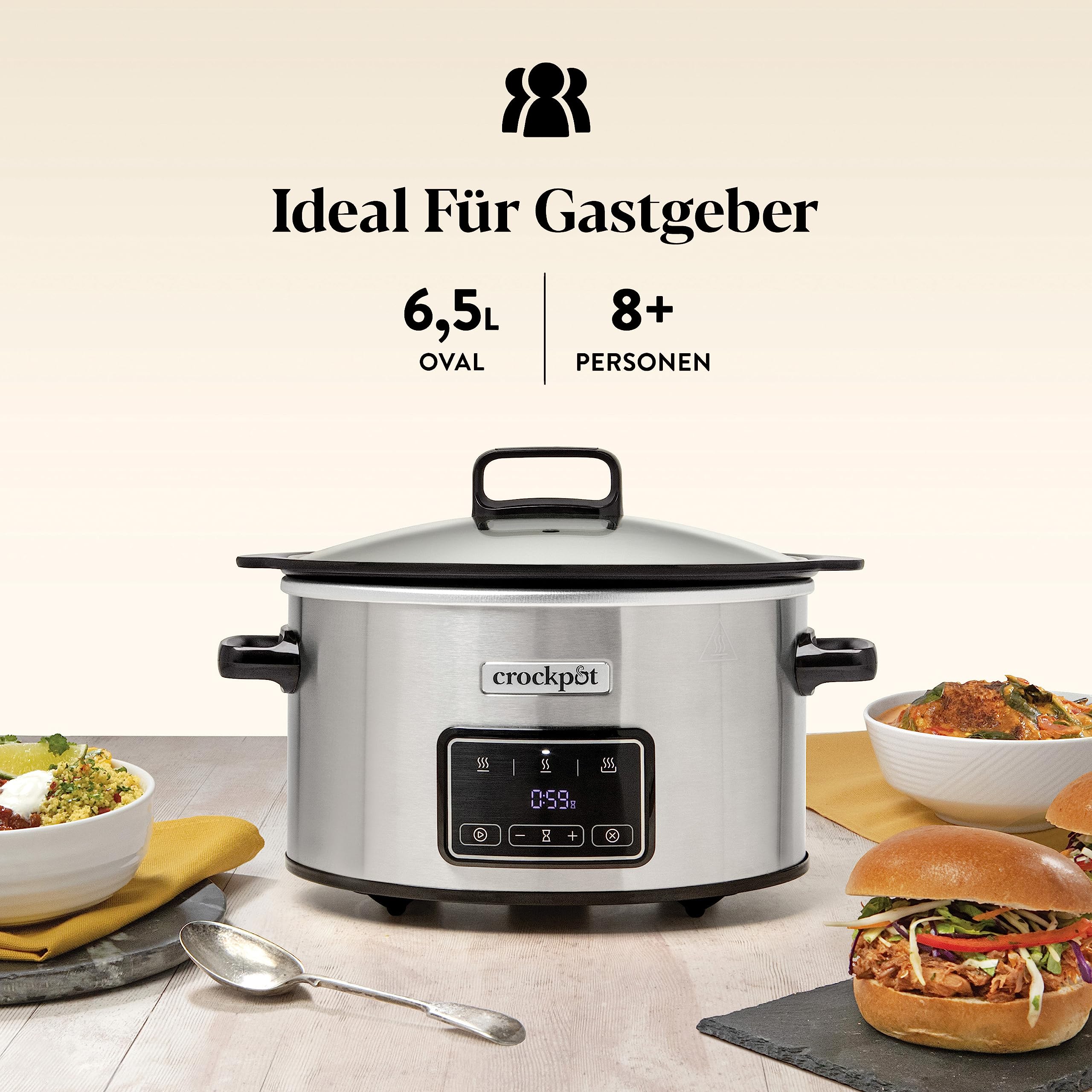 Crockpot Sizzle & Stew Digital Slow Cooker | 6,5 L (8+ Personen) | Abnehmbare induktionsgeeignete Schüssel für Fleisch und Gemüse | EU 2 Pin Stecker | Edelstahl [CSC112X]