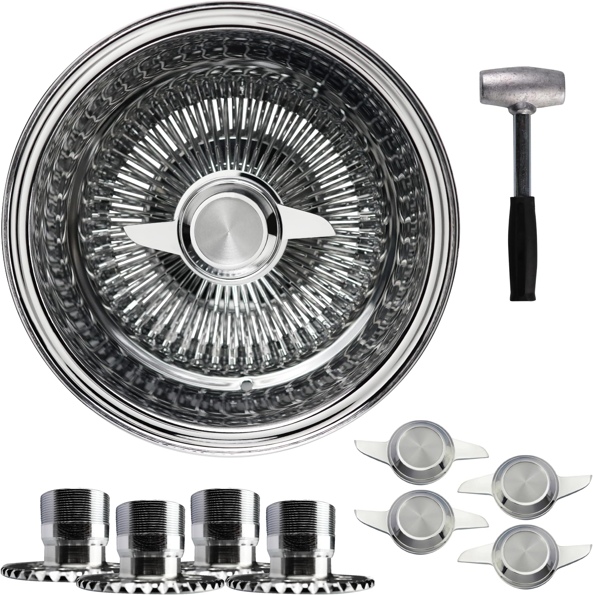 13x7 Reverse 100 Spoke Straight Lace Wire Wheels w/ 2 Ear Cut Knock Off Spinner Caps + Chrome Adapters 4x100, 4x4.25, 4x4.5 | Chrome Deep Dish Lowrider Rims | Set of 4 + Lead Hammer