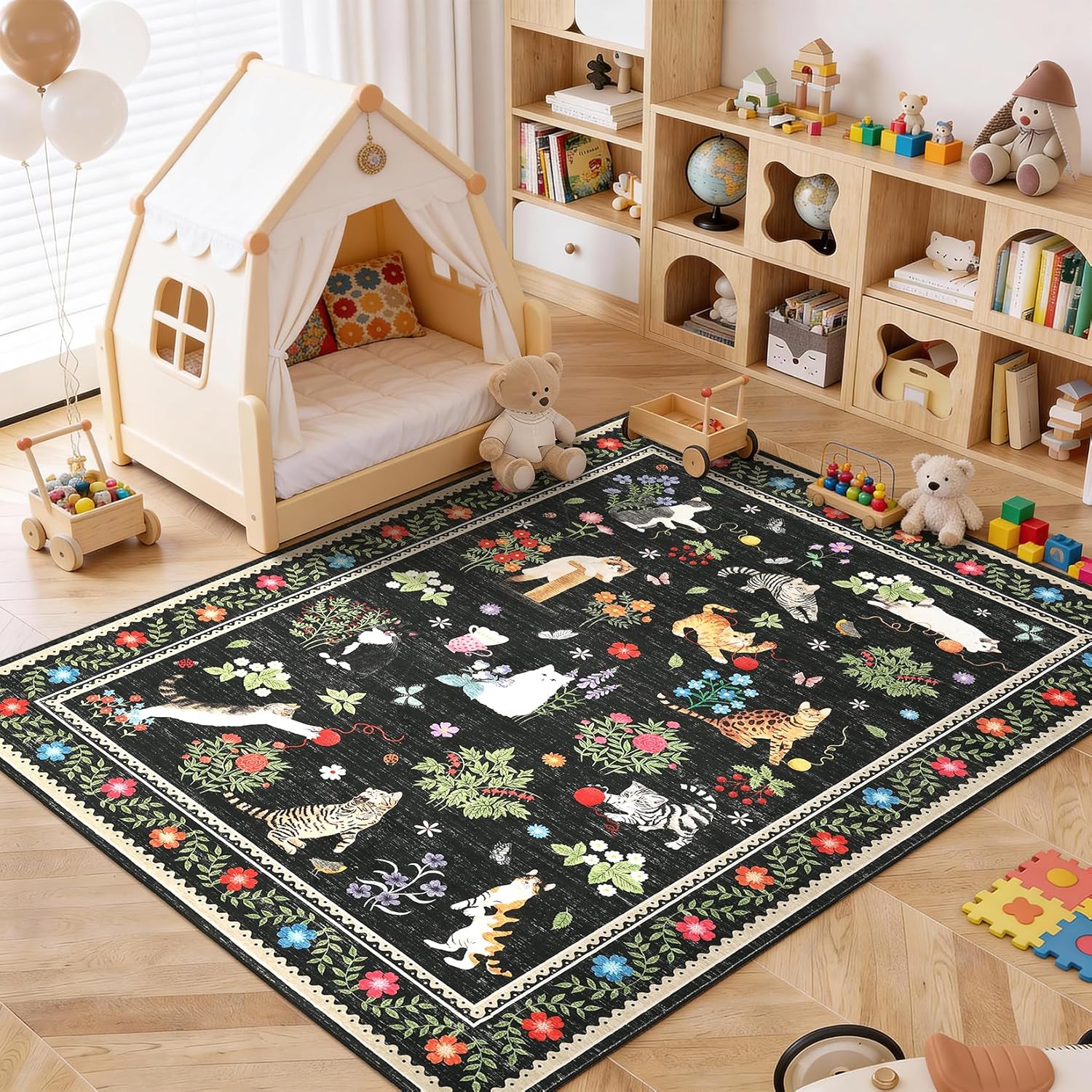 Garvee 9x12 Large Vintage Floral Rug for Living Room Washable Area Rugs for Kids Room, Non Slip Non Shedding Boho Animal Print Rug Stain Resistant Mats for Bedroom, Dining Room, Nursery, Black