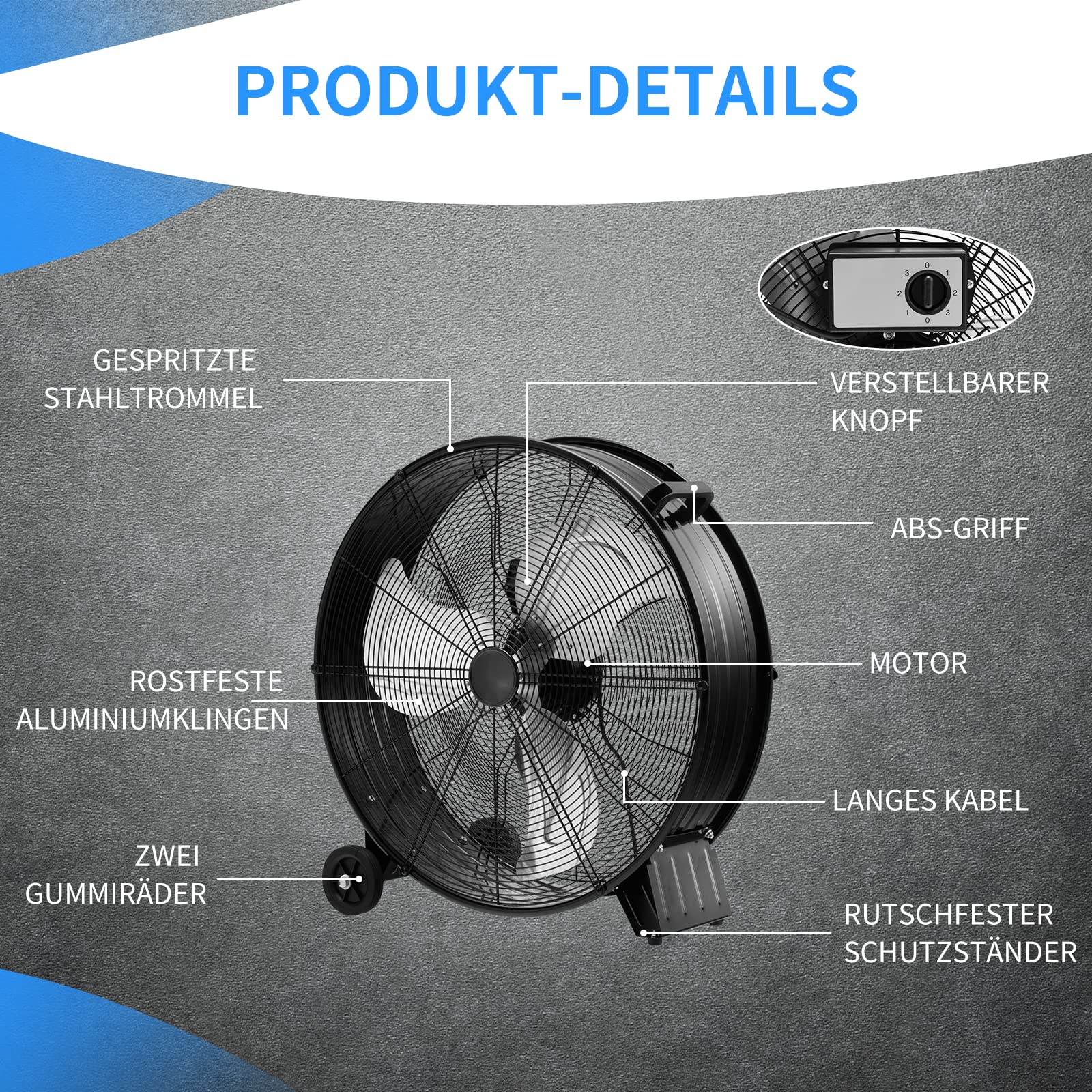 COSTWAY 65cm Bodenventilator groß, 180W Windmaschine 3 Stufen | Trommelventilator industriell mit Rollen, Leistungsstarker Standventilator für Lager, Werkstatt, Terrasse und Keller