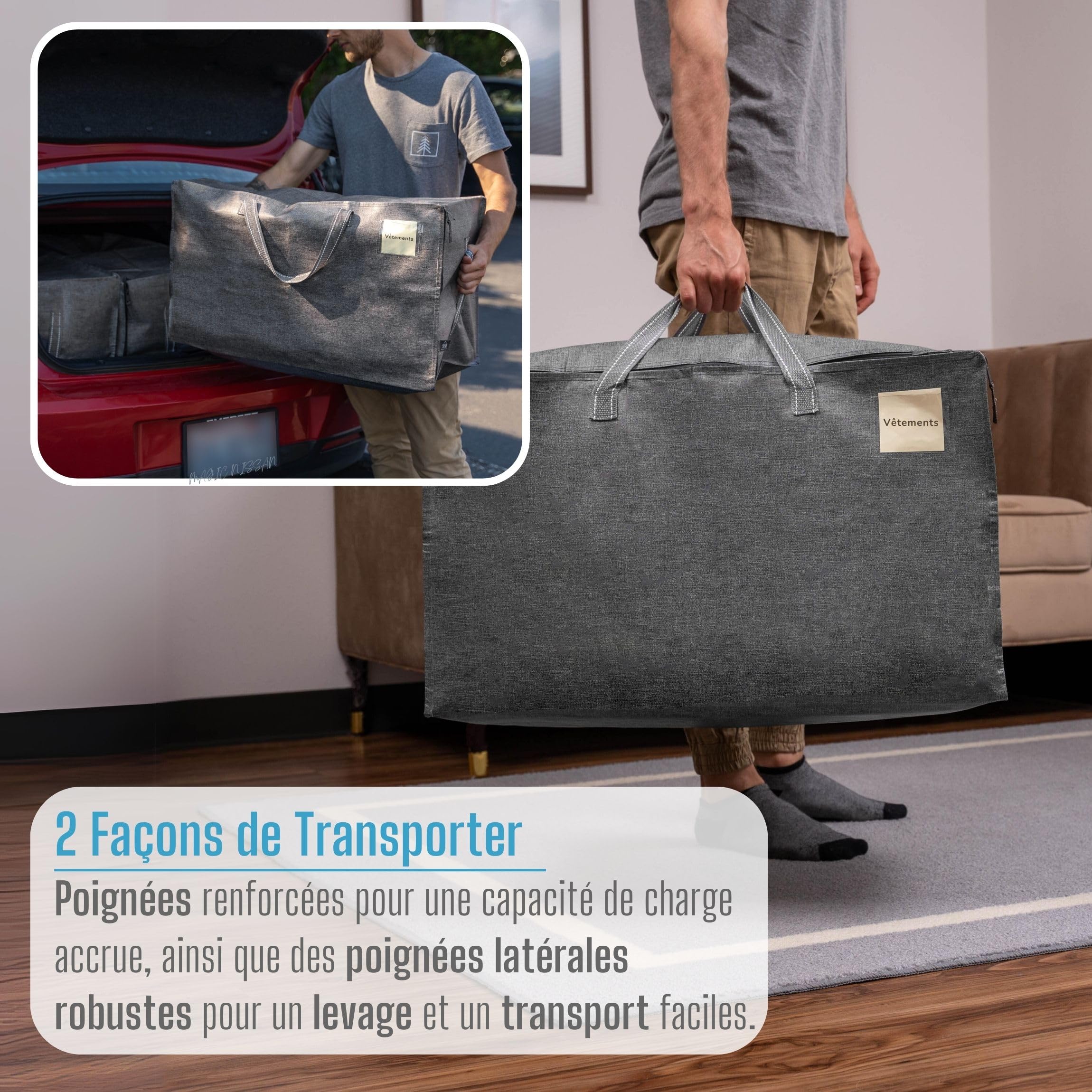VENO Lot de 4 Grands Sac de Rangement avec Couvercle et Poignées Renforcées, Cartons Déménagement de 102 L Résistant pour Rangement des Vêtements et voyages, Sac à Linge (Gris, Lot De 4)