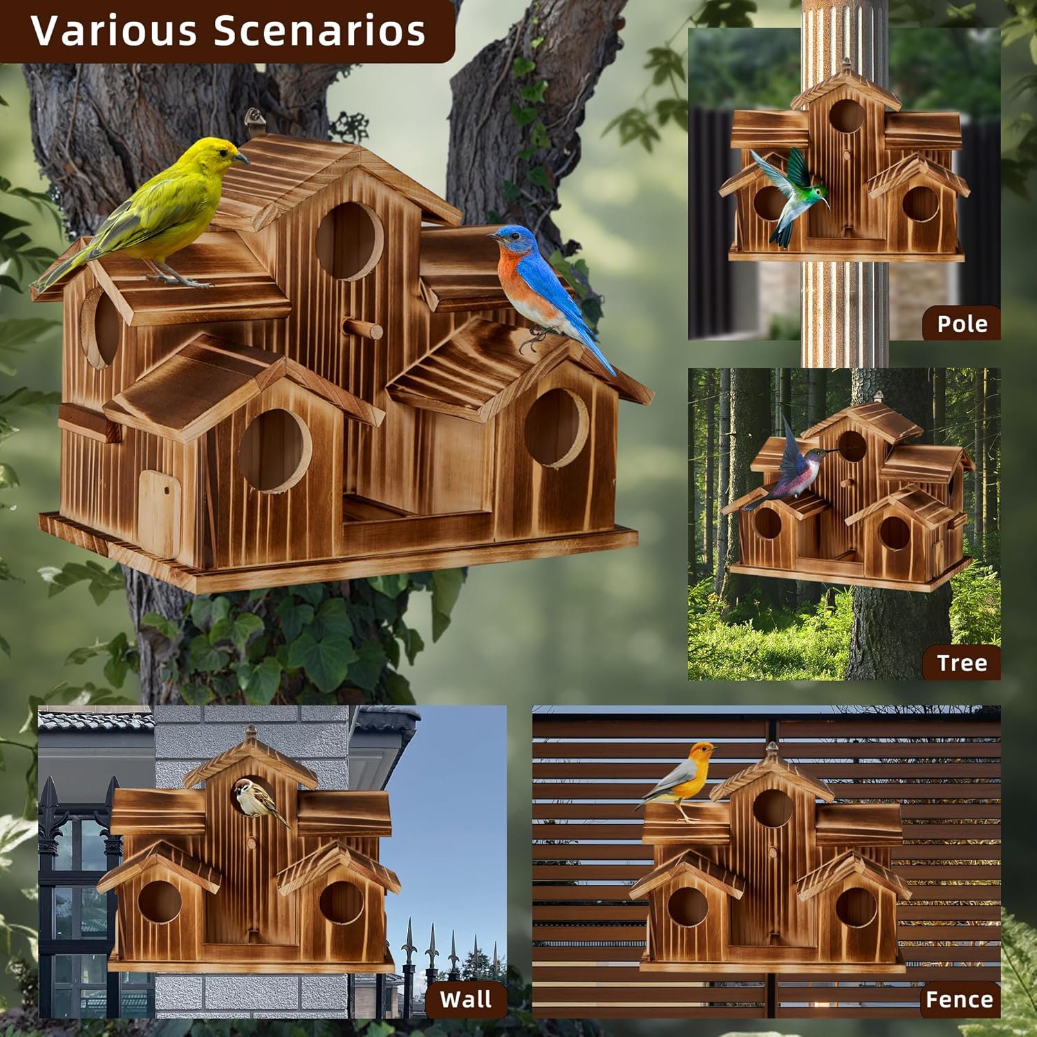 Bird House for Outside 5 Hole Bird Houses Room for 5 Bird Families Large Bird House for Garden/Courtyard/Backyard for Garden Decor-Finch Bluebird Cardinals Handmade Wooden Hummingbird House