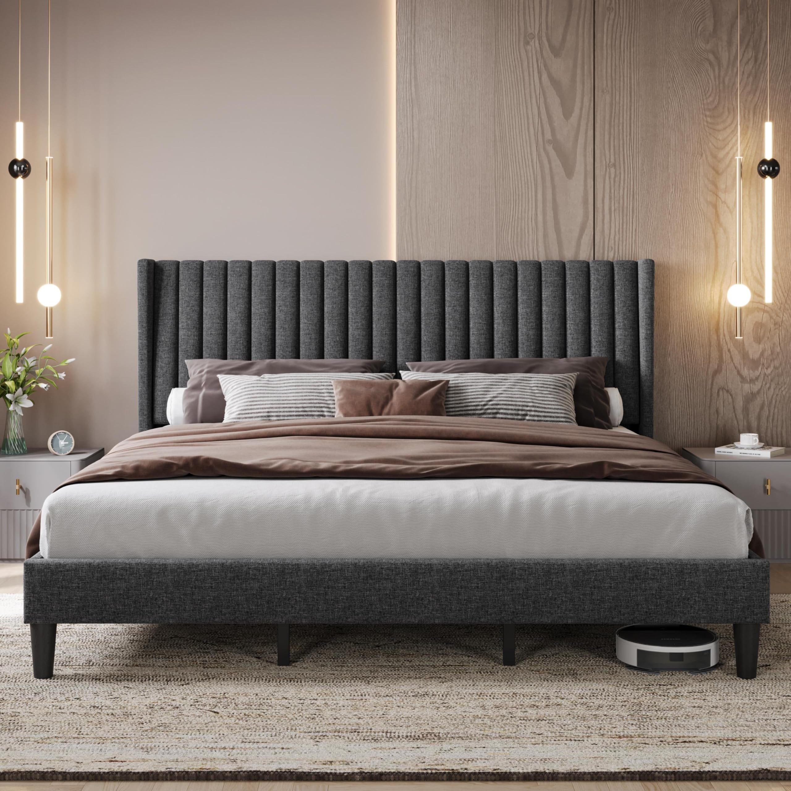 King Bed Frame Upholstered Platform Bed with Fabric Headboard, Wing Edge Design/Non-Slip and Noise-Free/Wooden Slats Support/No Box Spring Needed/Easy Assembly, Dark Gray King Bed