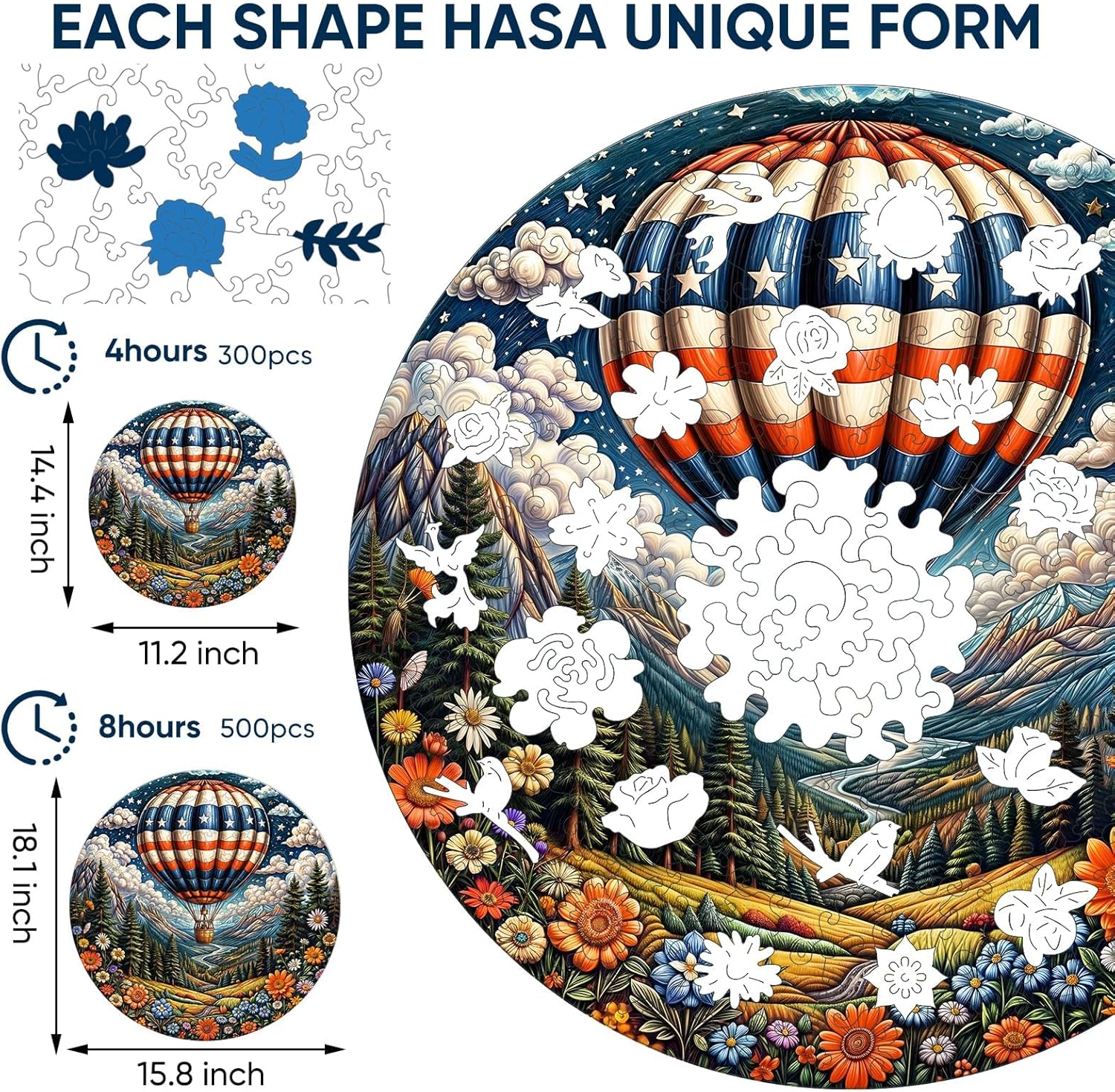 Qiuenisray Wooden Puzzles, 3D Vision Effect Hot Air Balloon Jigsaw Puzzles 200 Piece, FSC Certified Unique Shape Animal Adult Puzzles, Best Gift for Kids Family Game 11.2x14.4 in