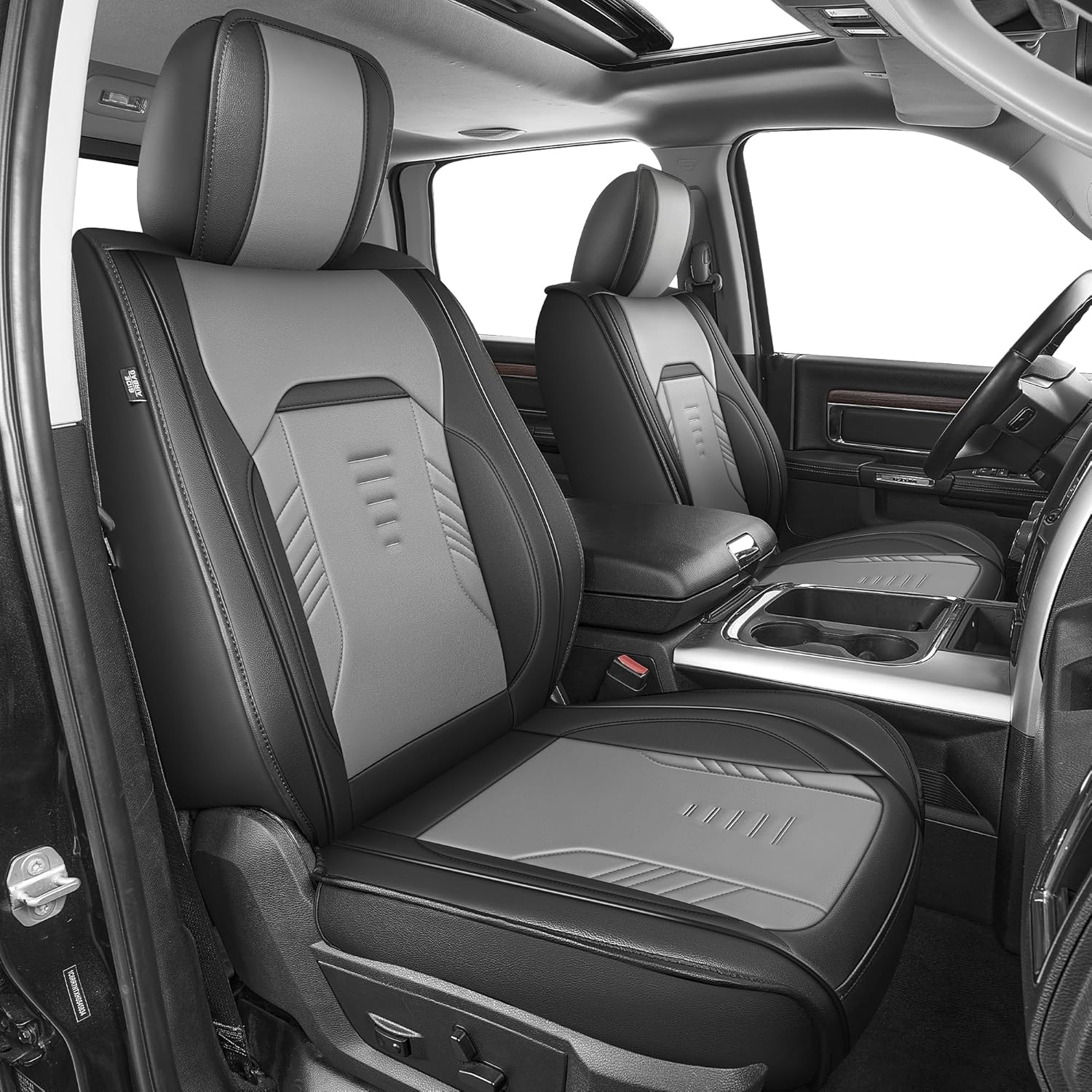 AOMSAZTO Ram Seat Covers Full Set,Custom Fit Dodge RAM 1500 2500 3500 2012-2026 Crew Quad Cab with Curved Bench Waterproof Leather Easy-Install Seat Cushion (5 Seats,Gray)
