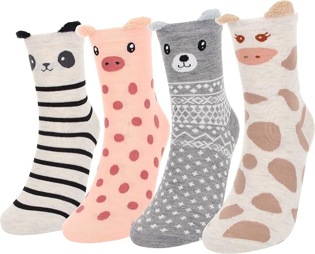 DarkCom 4 to 5 Pairs Womens Socks, Animals, Multicolor, and Stripes Cotton Ladies Socks