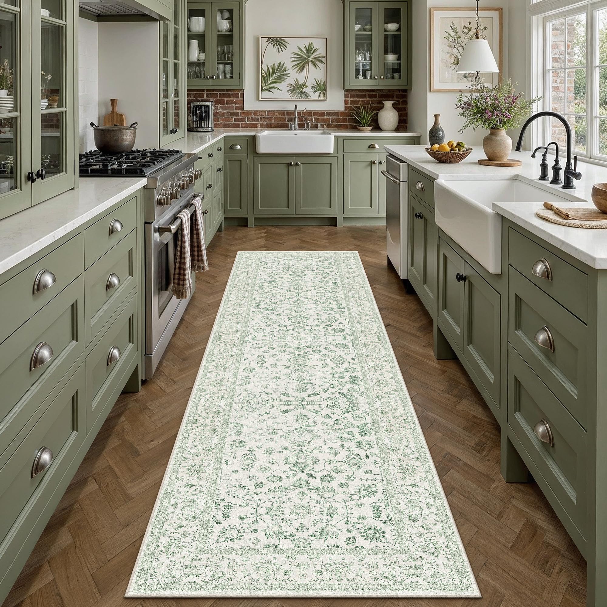 PureCozy 2x10 Green Runner Rug Washable Hallway Non Slip Kitchen Vintage