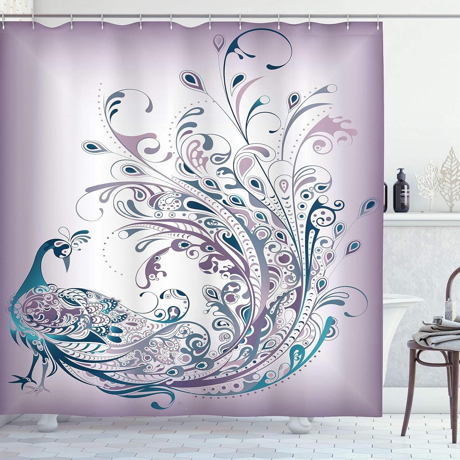 Ambesonne Abstract Shower Curtain, Peacock Bird Tail Feathers Plume Paisley Pattern Ornamental Design, Cloth Fabric Bathroom Decor Set with Hooks, 69" W x 70" L, Lilac Mauve