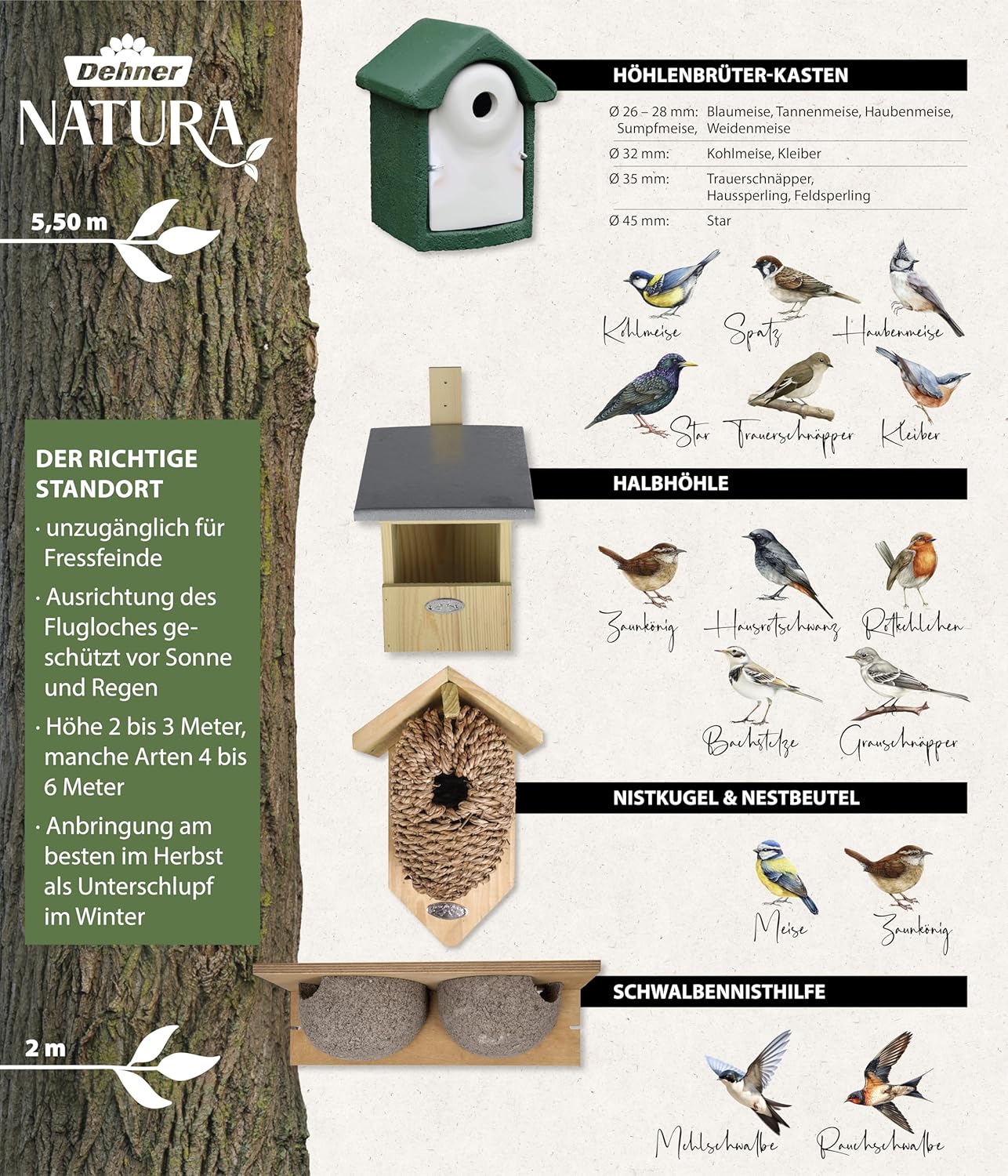 Dehner Natura Wild Bird Nesting Box with Aluminium Roof, 28 mm Flight Hole, Approx. 28.5 x 14.5 x 18.5 cm, Wood, Brown