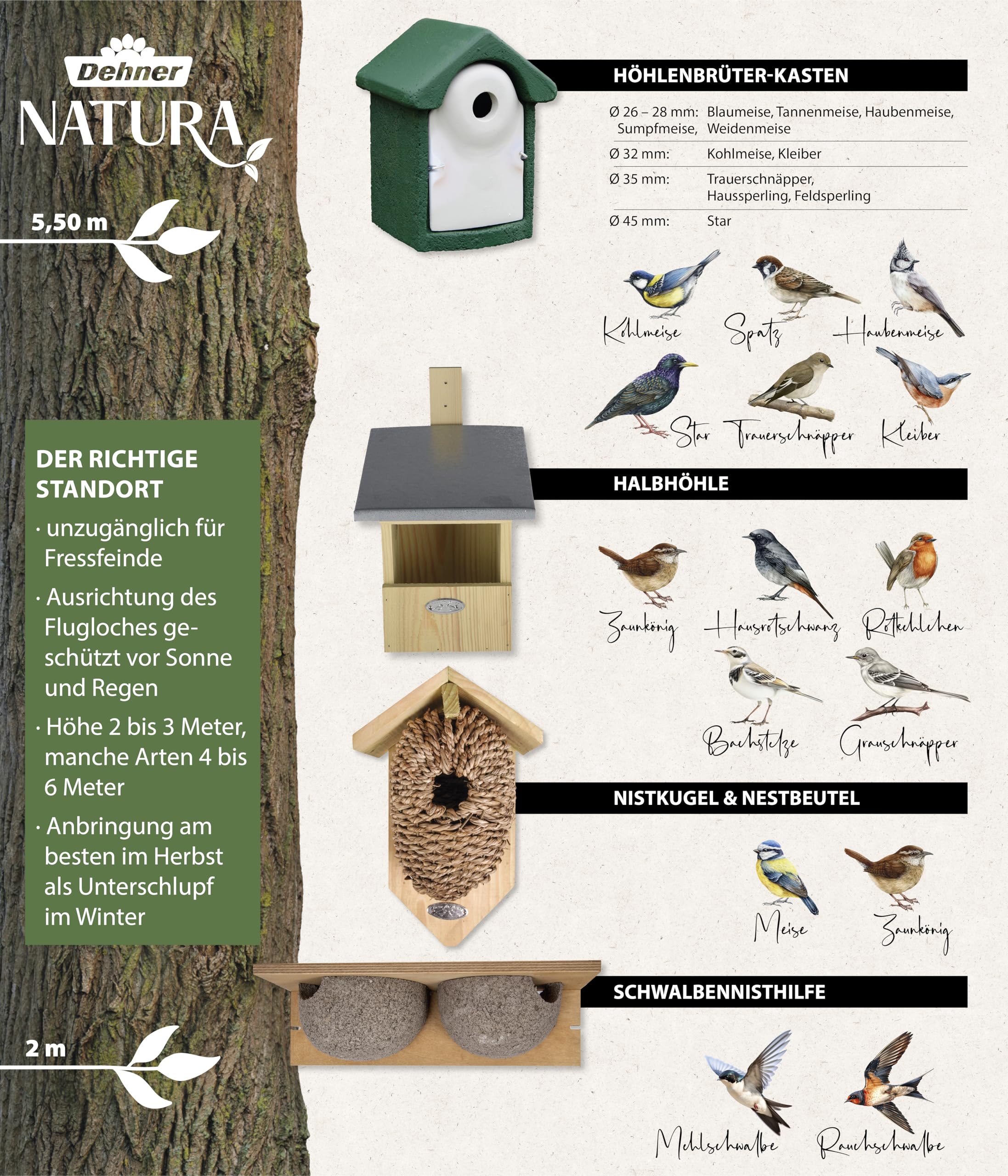 Dehner Natura Premium Birga - Caja Nido para pájaros Silvestres (16 x 32,5 x 20,5 cm, Orificio de Entrada de 32 mm, Madera de Pino certificada FSC, Color Natural