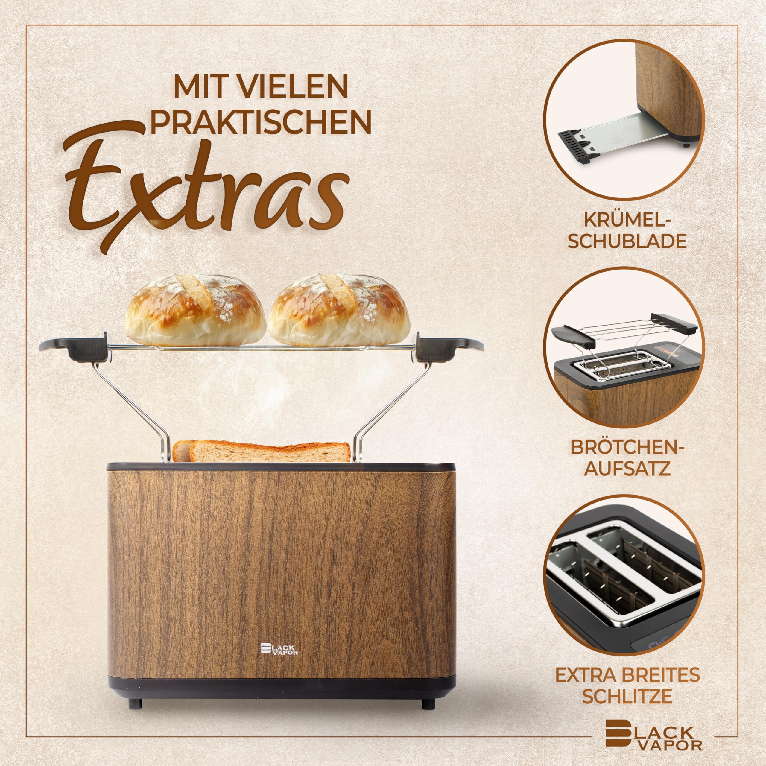 Blackvapor Wood Look Toaster with Brown Touchscreen, 2 Cuts, Multifunctional 3-in-1 with Large Slotted Design Made of Stainless Steel