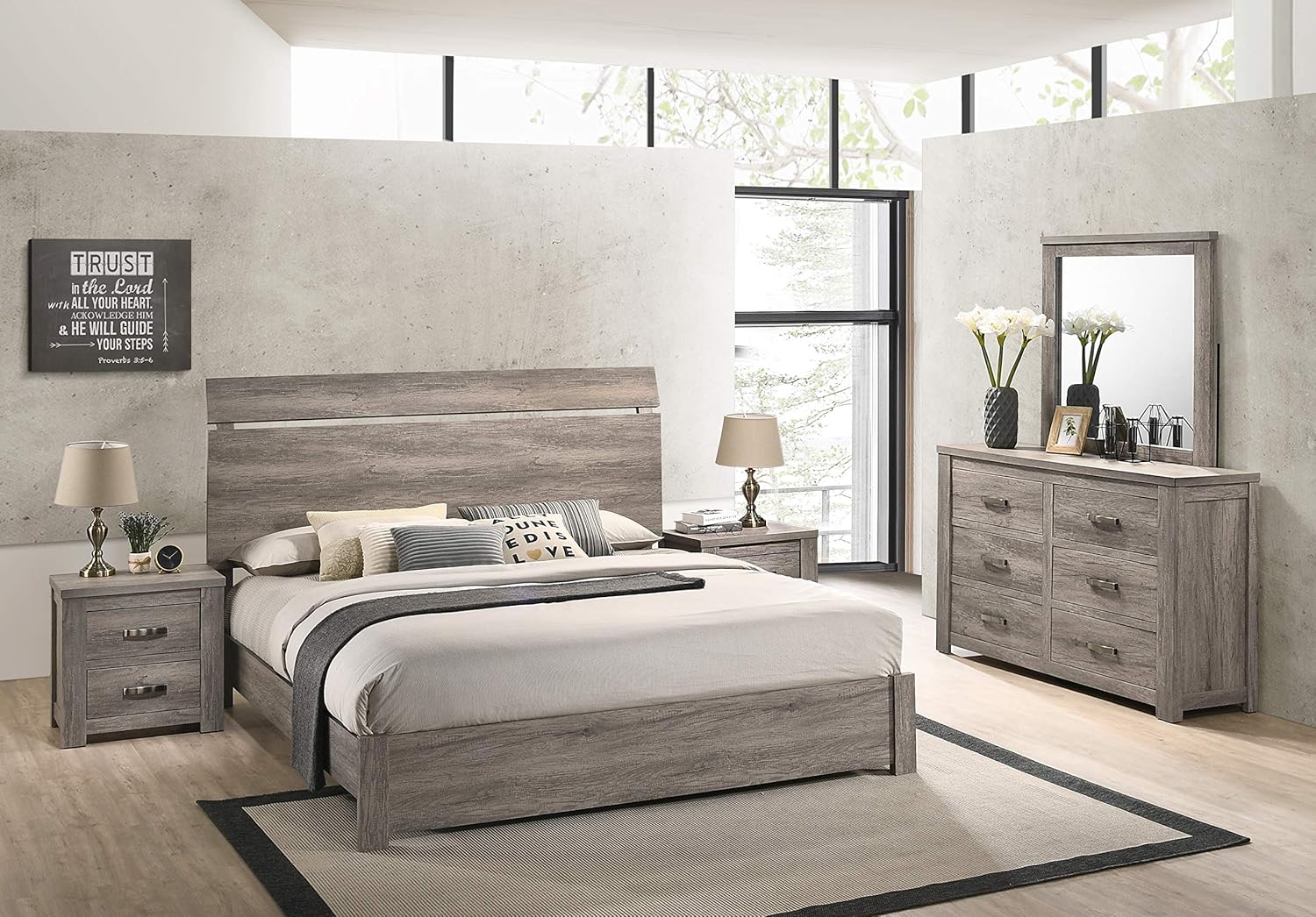Roundhill Furniture Floren Contemporary Weathered Gray Wood Bedroom Set, King Panel Bed, Dresser, Mirror, Two Nightstands