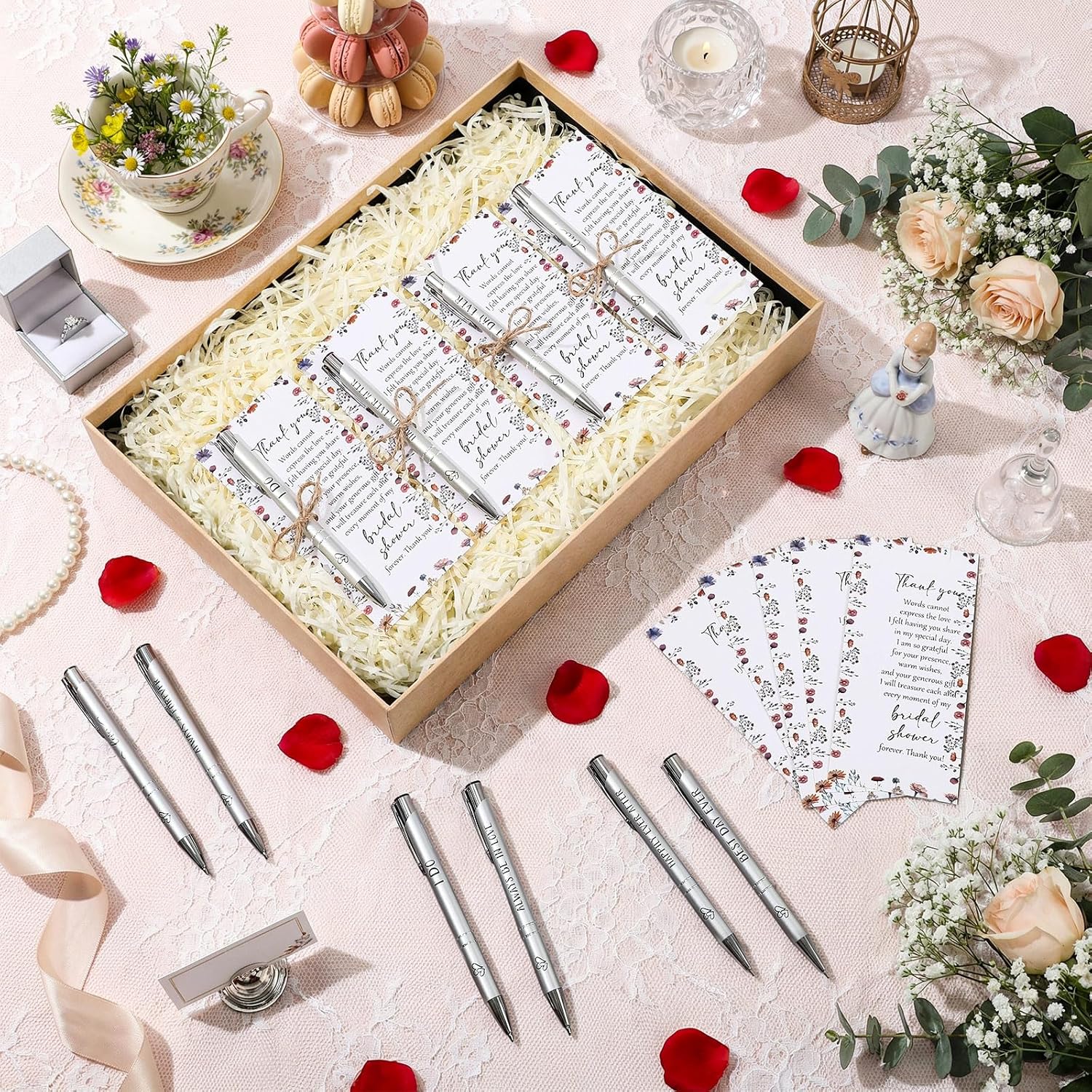 Chiisong 30 Sets Bridal Shower Favors for Guests Wedding Pens Bulk with Thank You Cards Bridal Shower Retractable Ballpoint Pen for Guest Gifts Game Prizes Wedding Souvenirs (Wild Flower)