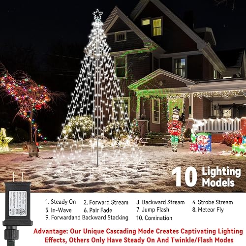 Miniatura 2 de Lomotech Luces para árbol de Navidad, 404 LED de 10 pies, luces dinámicas de poste de hierro en cascada con 16 soportes y parte superior de estrella
