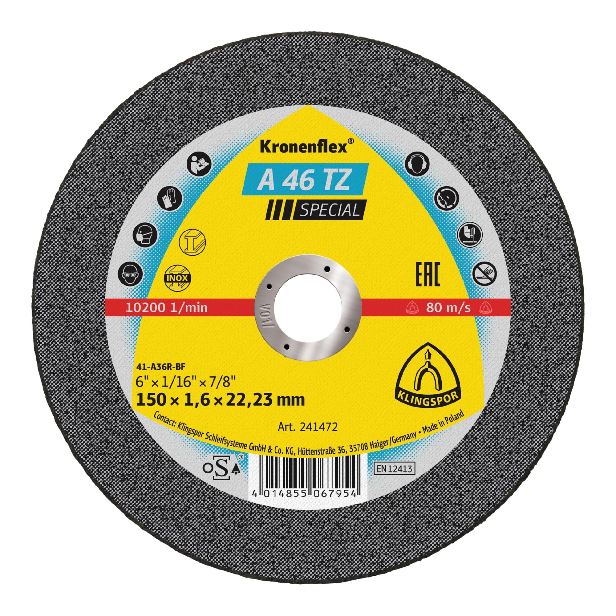 Klingspor 25Pcs 241472 A 46 Tz Inox Special Cutting Disc Inox, Special, Packaging Unit 25, 150 X 1.6 X 22.23, H, 25, Pack Of 25, 150 X 1.6 X 22.23 Mm Straight