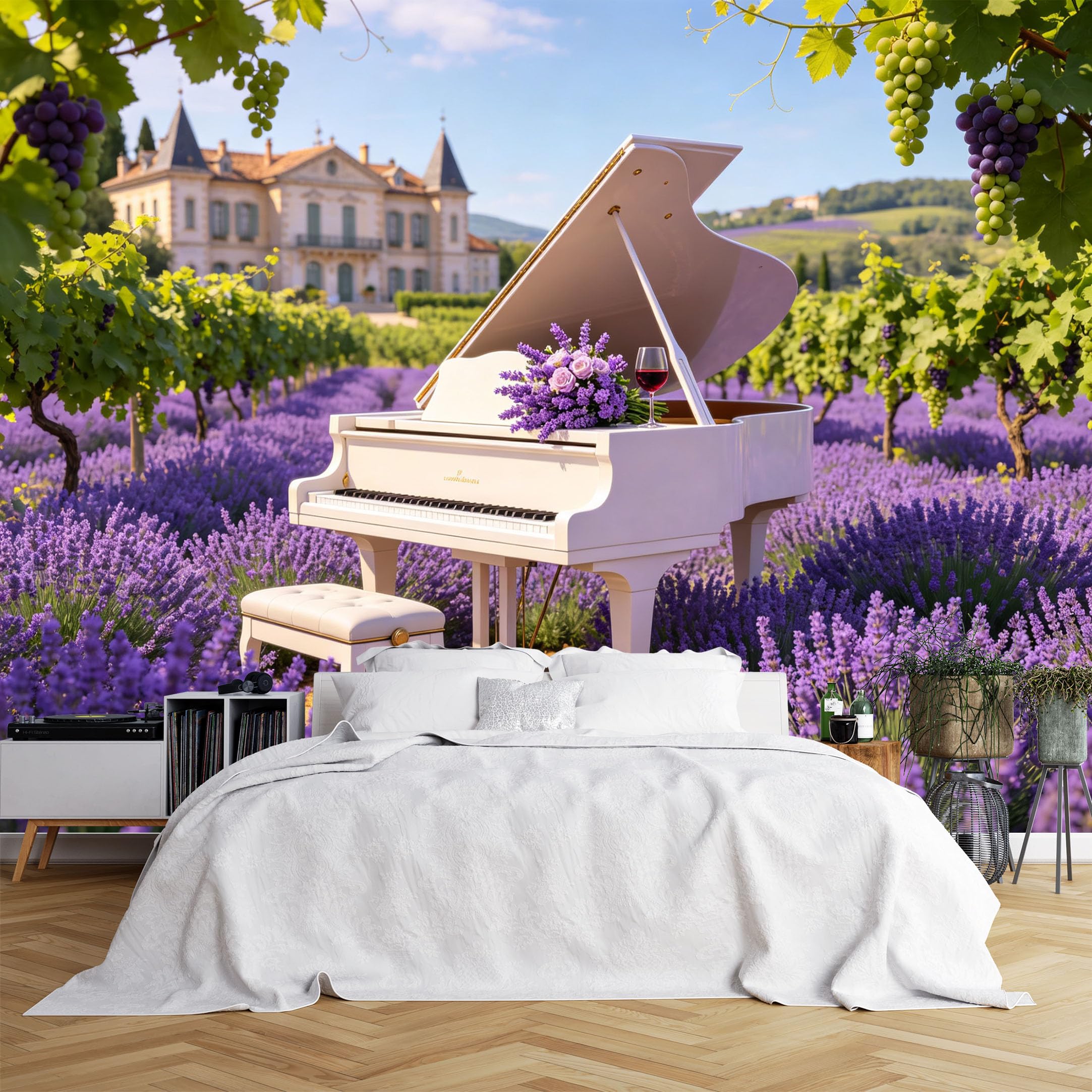 Custom Size Wall Murals White Grand Piano in Lavender Vineyard Wall Murals, Large Photo Wallpaper Self-Adhesive Removable Wallpaper for Home Office